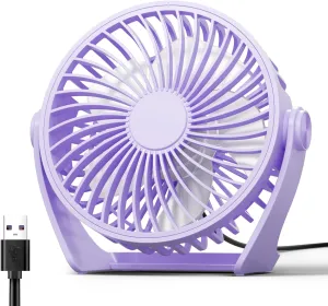 USB Desk Fan, 5 Inch Small Portable, 3 Speeds Powerful Wind Mini Personal Desktop Fan 360 Rotation Adjustable, Plug In USB Fan Quiet for Table Home Office Travel Car(Purple) USB desktop fan for workspace