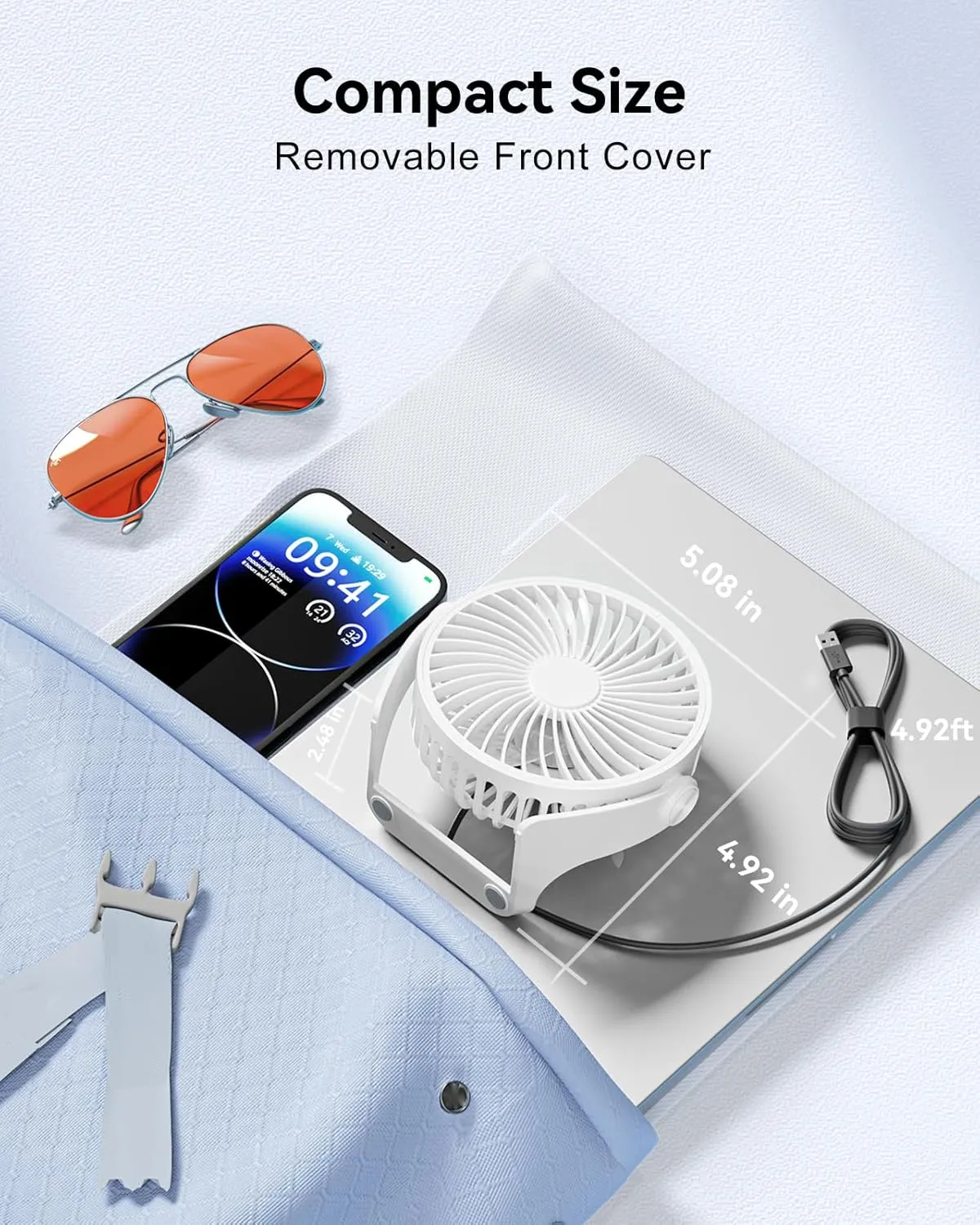 USB Desk Fan, 5 Inch Small Portable, 3 Speeds Powerful Wind Mini Personal Desktop Fan 360 Rotation Adjustable, Plug In USB Fan Quiet for Table Home Office Travel Car(White)