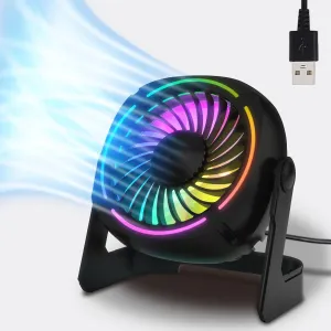 USB Desk Fan RGB Small Fan with 8 Light Modes,Table Fan with 3 Speeds,360 Rotation, Quiet Operation, Portable Desk Fan for Home Desktop Office Travel Bedroom USB desktop fan for workspace