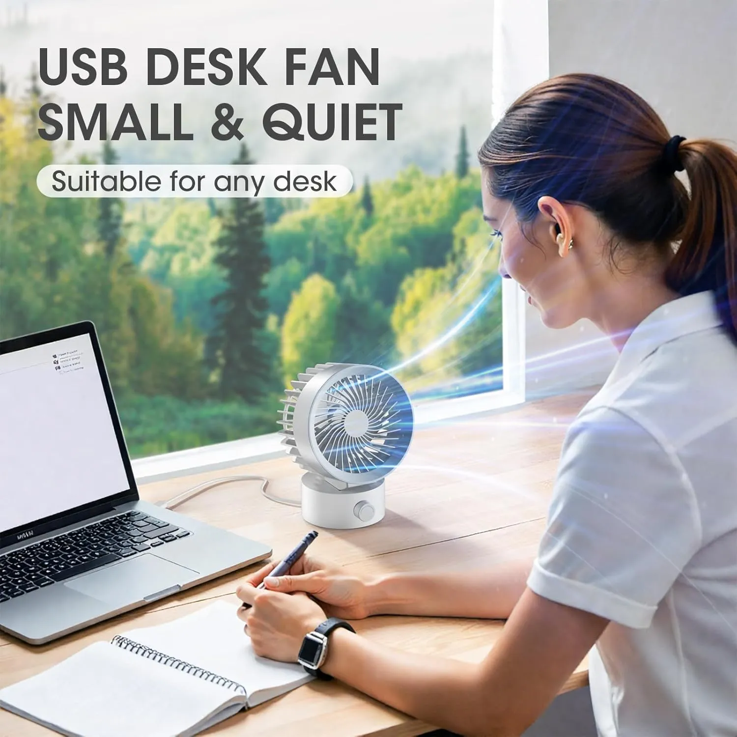USB Desk Fan, Small Fans for Desktop, Strong Airflow Stepless Adjustable, Ultra Quiet Cooling, Plug In USB Powered, Portable for Home Office Dorm Indoor Laptop PC, White