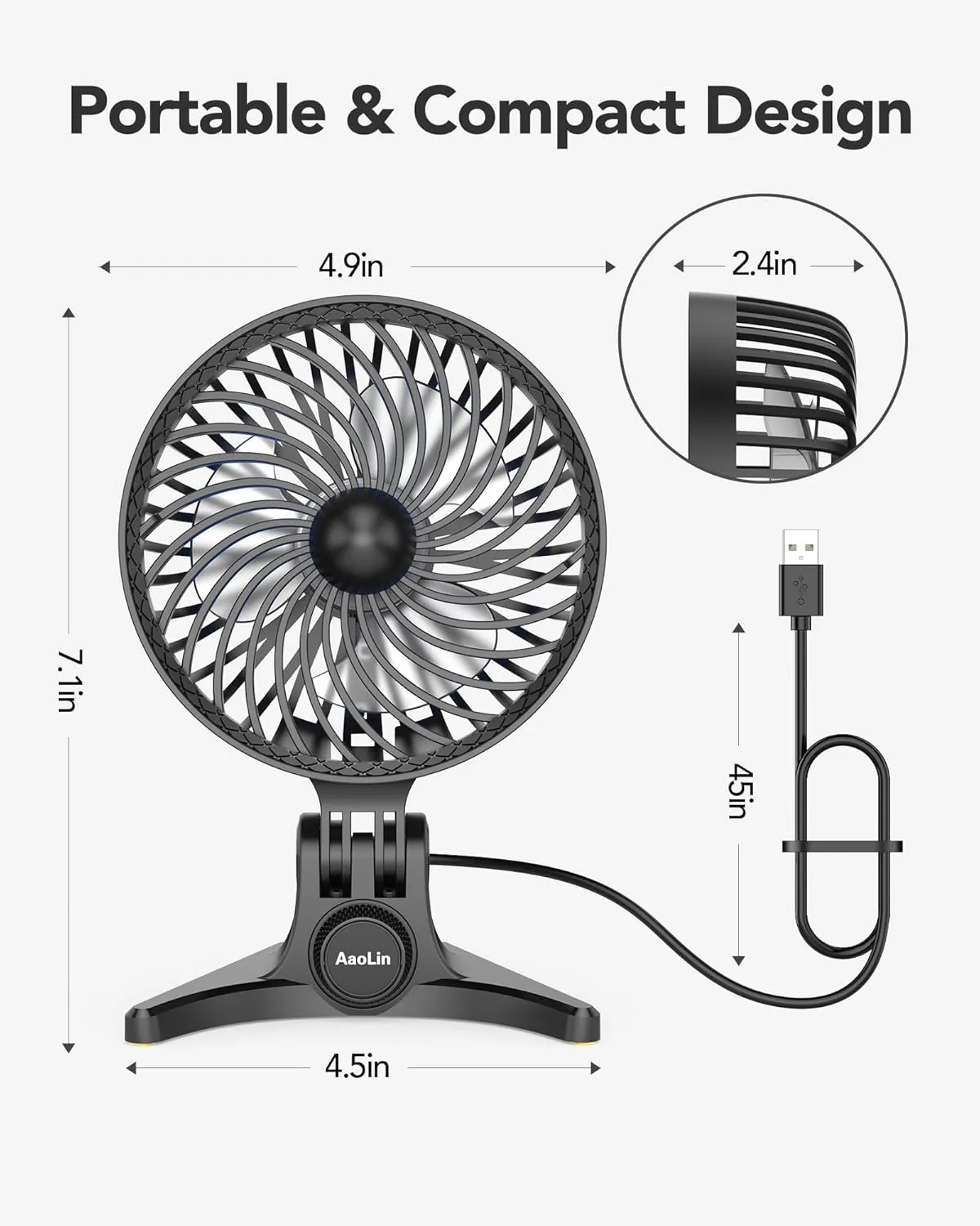 USB Desk Fan, Small Fans with CVT Variable Speeds, Strong Cooling Airflow, Quiet Portable, Desktop Mini Personal Table Fan for Room, Home, Office, Bedroom, Black