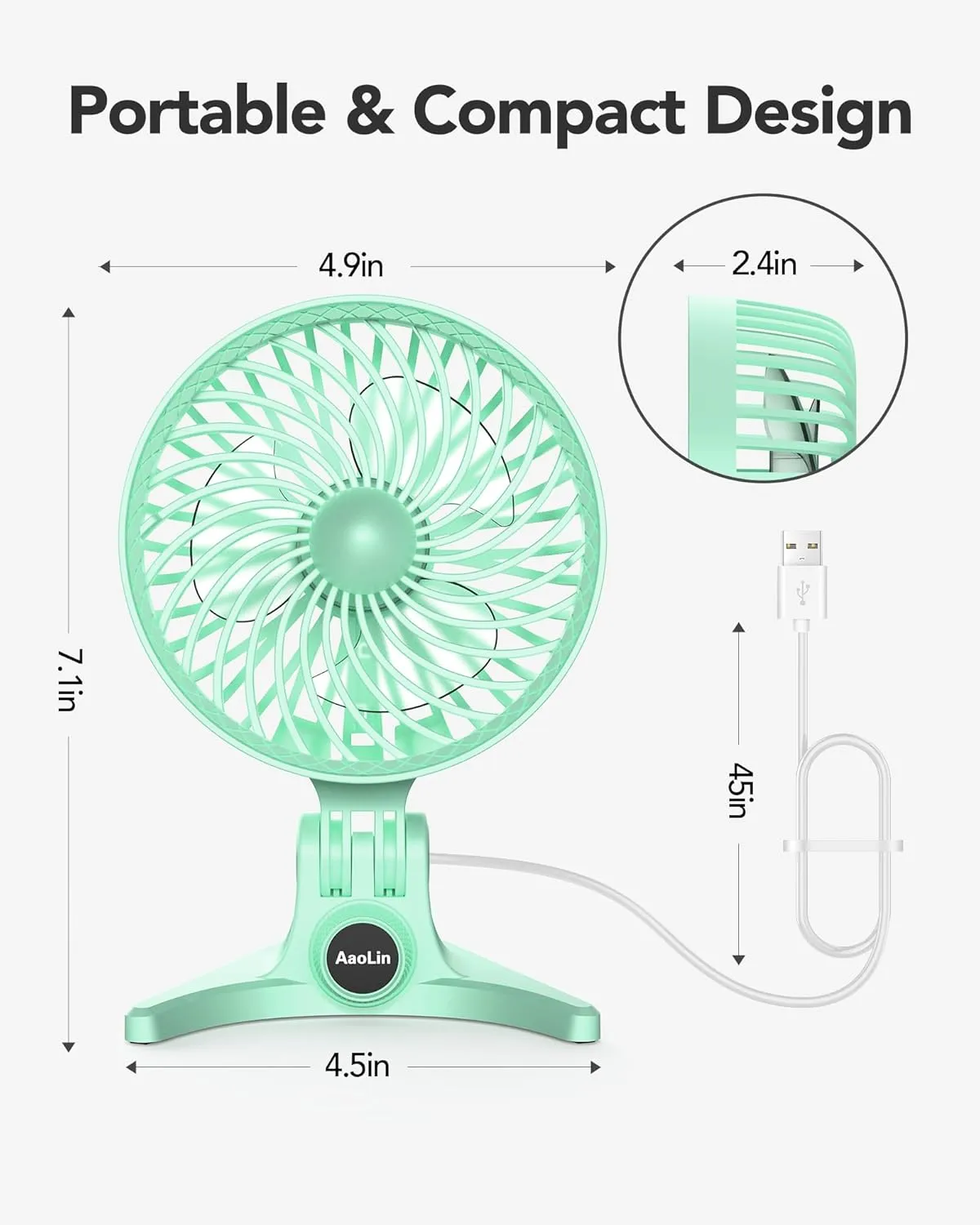USB Desk Fan, Small Fans with CVT Variable Speeds, Strong Cooling Airflow, Quiet Portable, Desktop Mini Personal Table Fan for Room, Home, Office, Bedroom, Green