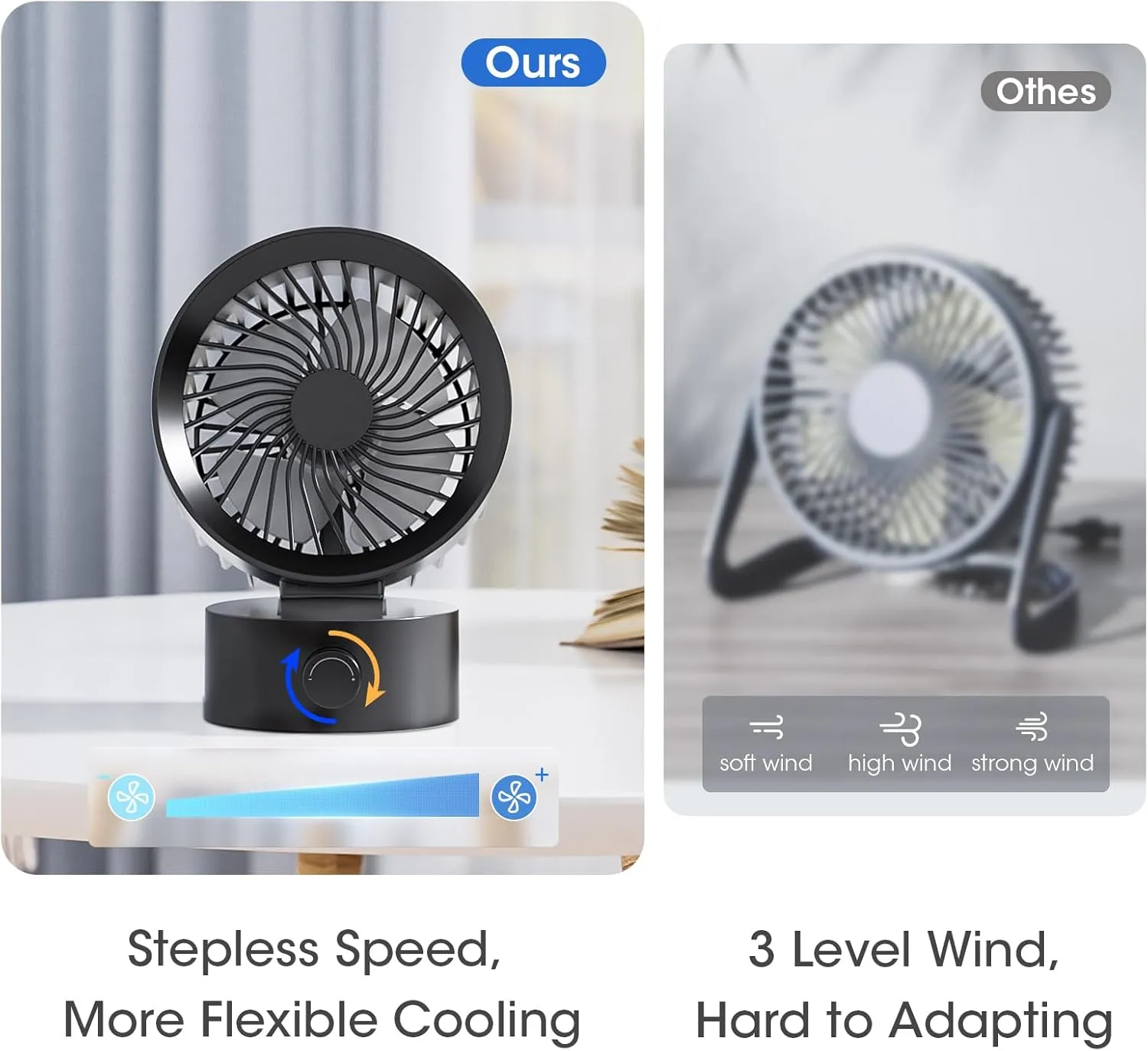 USB Desk Fan Small Quiet, Stepless Speed Flexible Adjust Mini Fans for Home Office Dorm Desktop, Portable Travel Fan Personal Cooling, Plug In USB Powered, Black