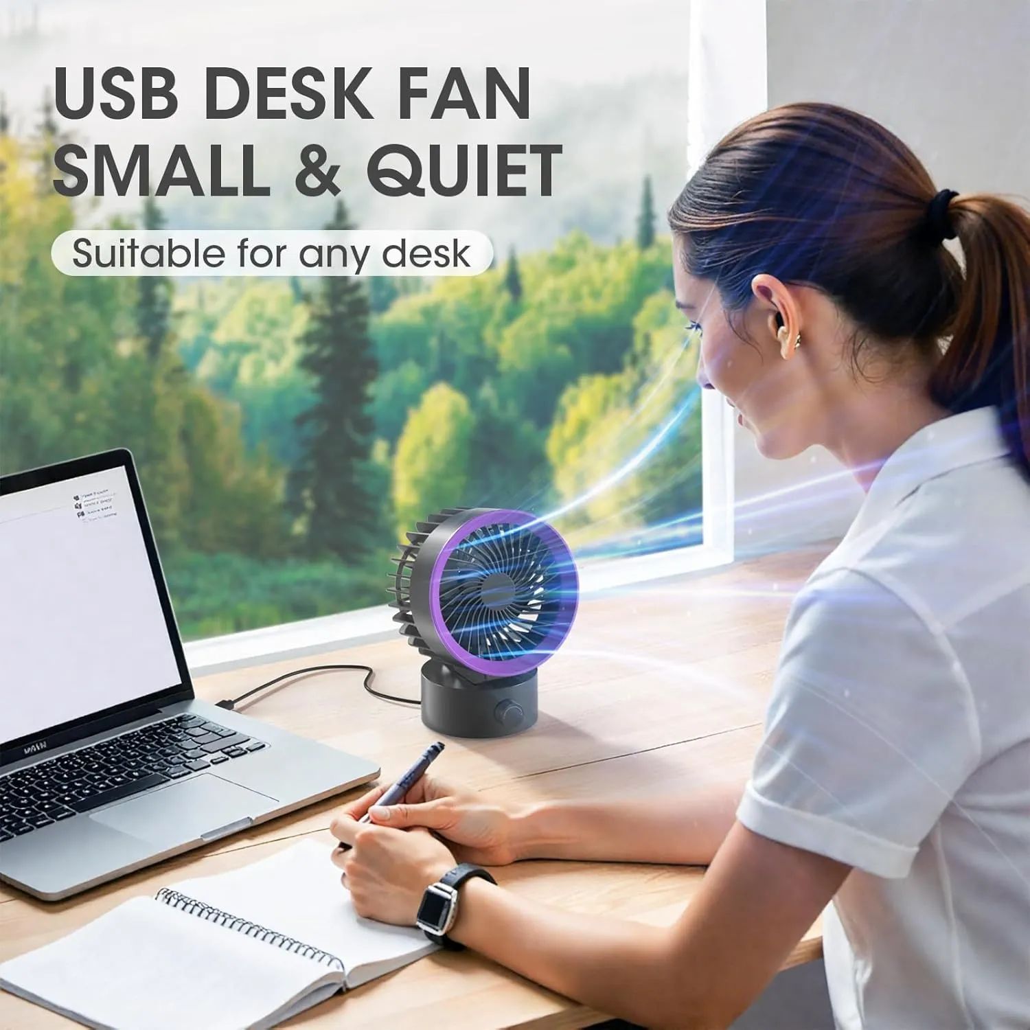 USB Desk Fan Small Quiet, Stepless Speeds Powerful Wind Mini Desktop Fan for Home Office Dorm Room, Personal Cooling Fan USB Powered, Compact Size Easy for Travel, Gray Purple
