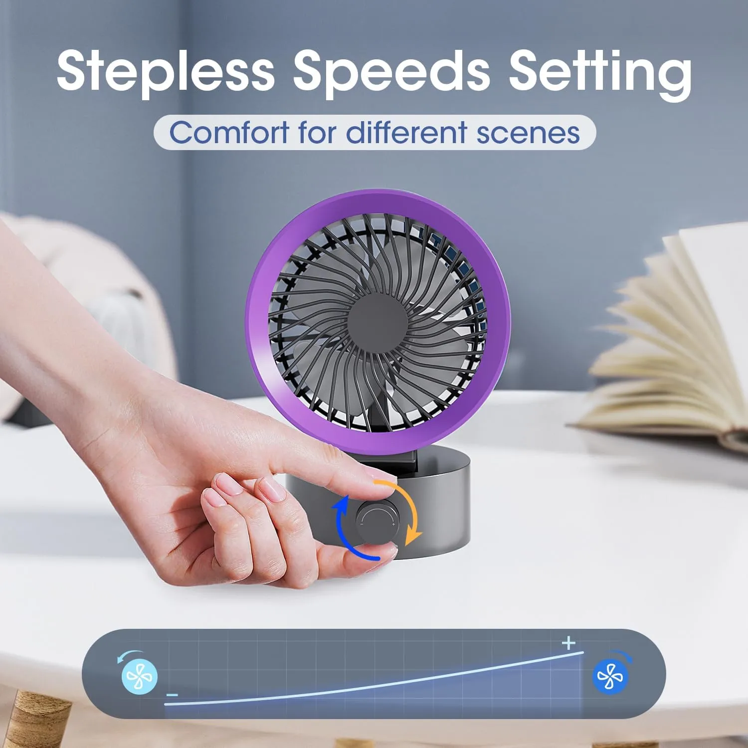 USB Desk Fan Small Quiet, Stepless Speeds Powerful Wind Mini Desktop Fan for Home Office Dorm Room, Personal Cooling Fan USB Powered, Compact Size Easy for Travel, Gray Purple