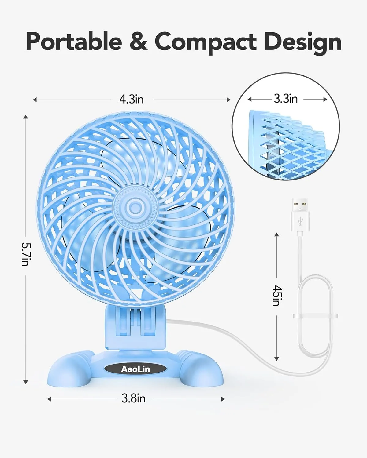 USB Desk Fan, Table Fan with CVT Variable Speeds, Quiet Portable, Desktop Mini Personal Fan for Room, Home, Office Blue