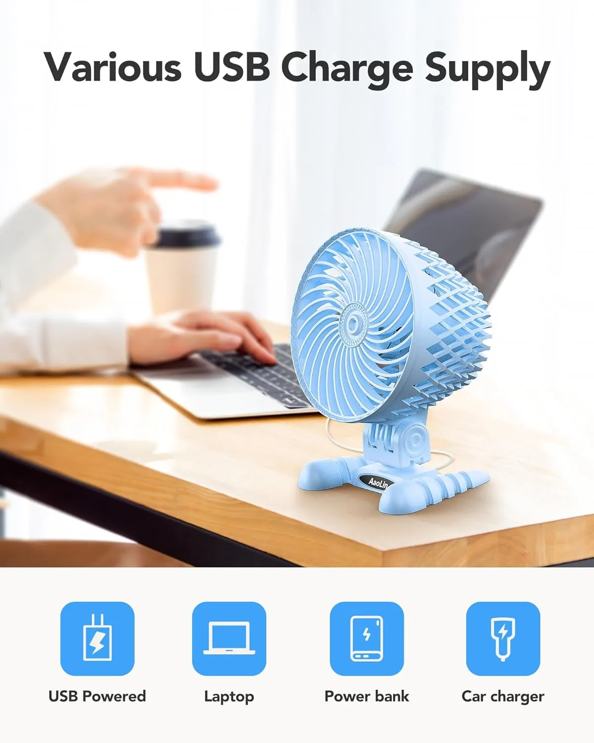 USB Desk Fan, Table Fan with CVT Variable Speeds, Quiet Portable, Desktop Mini Personal Fan for Room, Home, Office Blue