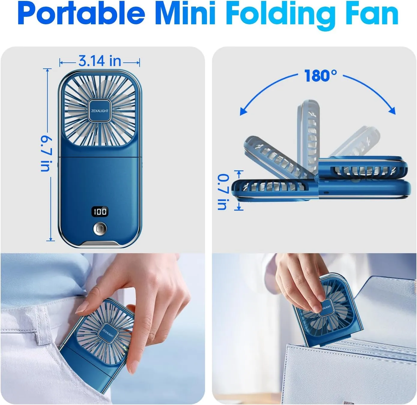 USB Rechargeable Upgraded 5-in-1 Portable Handheld Fan, Necklace Fan, Mini Desk Fan, Foldable Phone Stand, 4 Speeds Airflow, Quiet Personal Fans with LED Digital Screen (Blue)