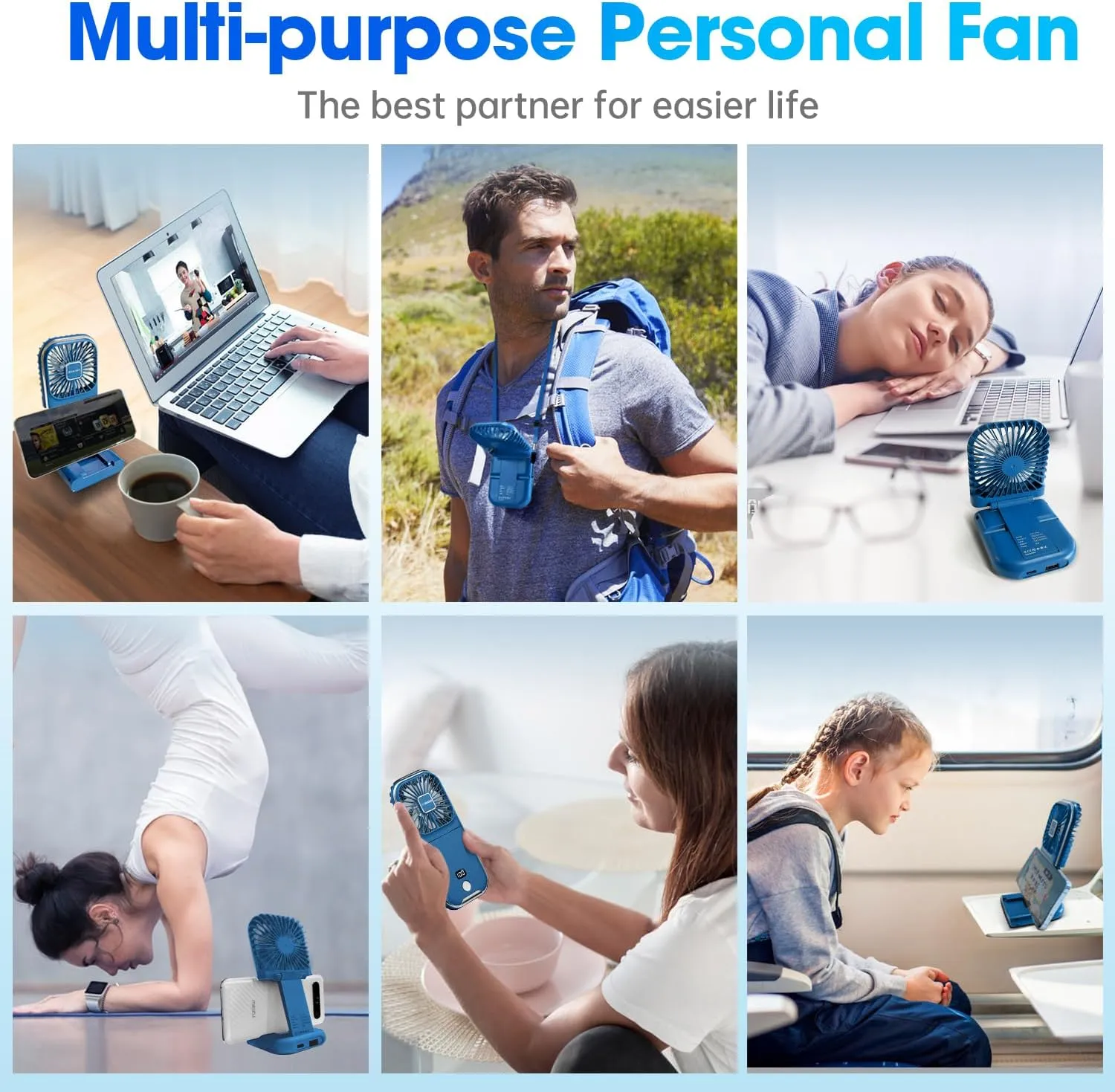 USB Rechargeable Upgraded 5-in-1 Portable Handheld Fan, Necklace Fan, Mini Desk Fan, Foldable Phone Stand, 4 Speeds Airflow, Quiet Personal Fans with LED Digital Screen (Blue)