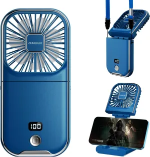 USB Rechargeable Upgraded 5-in-1 Portable Handheld Fan, Necklace Fan, Mini Desk Fan, Foldable Phone Stand, 4 Speeds Airflow, Quiet Personal Fans with LED Digital Screen (Blue) Mini handheld fan for personal cooling