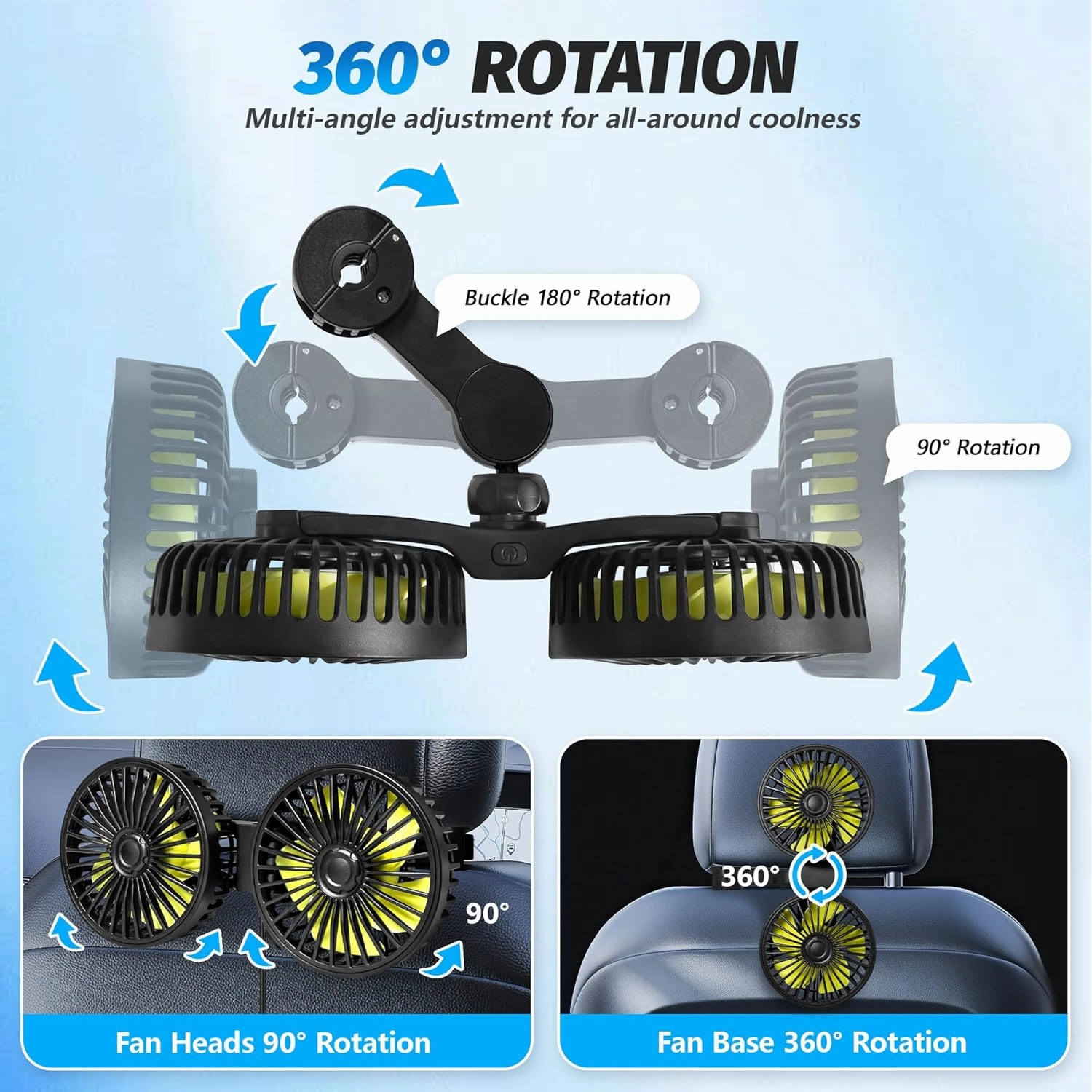USB Car Cooling Fans for Backseat, Dual Head Car Fan for Kids 3 Speeds 360Rotatable Vehicle Rear Headrest Fans 5V Powerful Electric Air Circulation Fan with Adjustable Clip for Sedan SUV RV Truck