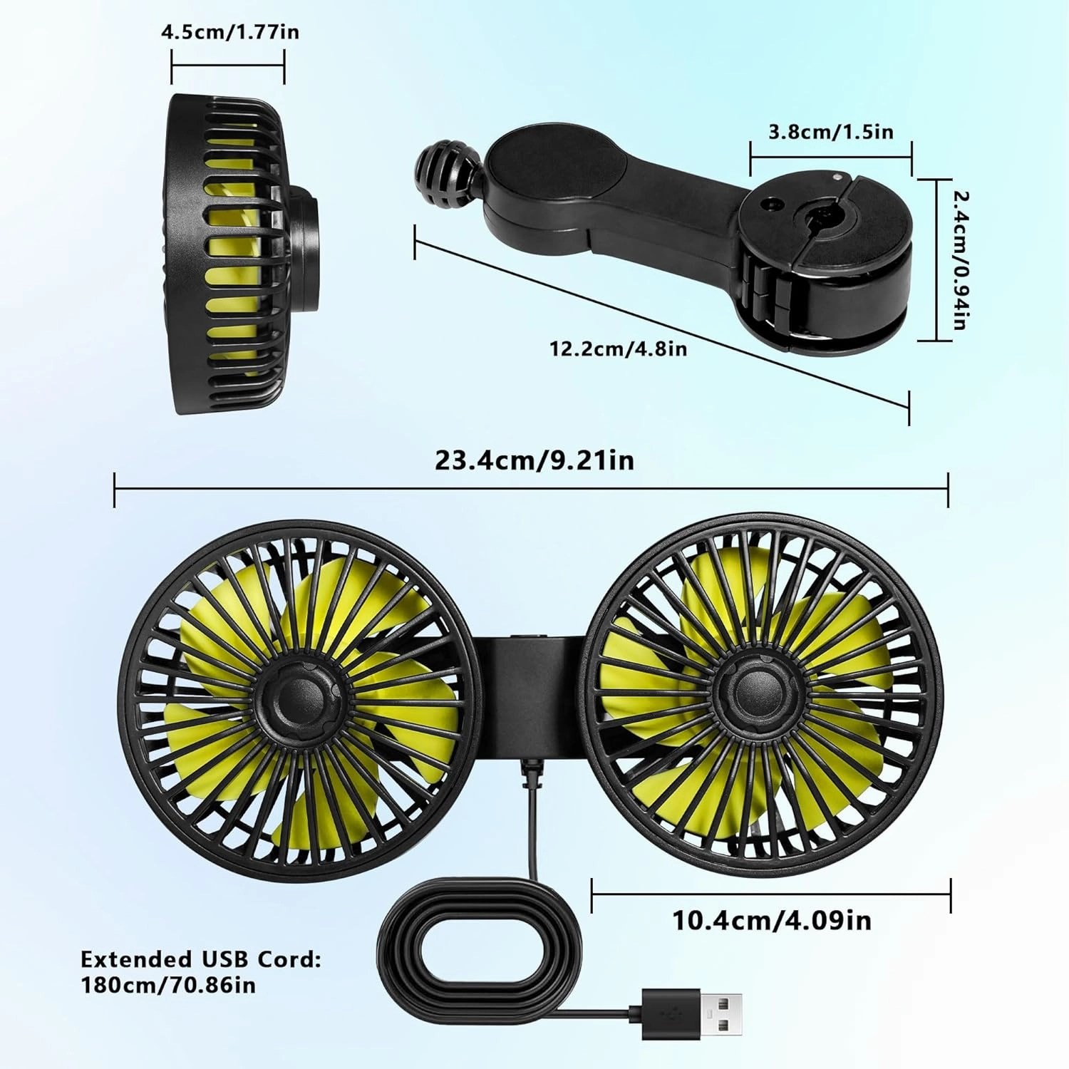 USB Car Cooling Fans for Backseat, Dual Head Car Fan for Kids 3 Speeds 360Rotatable Vehicle Rear Headrest Fans 5V Powerful Electric Air Circulation Fan with Adjustable Clip for Sedan SUV RV Truck