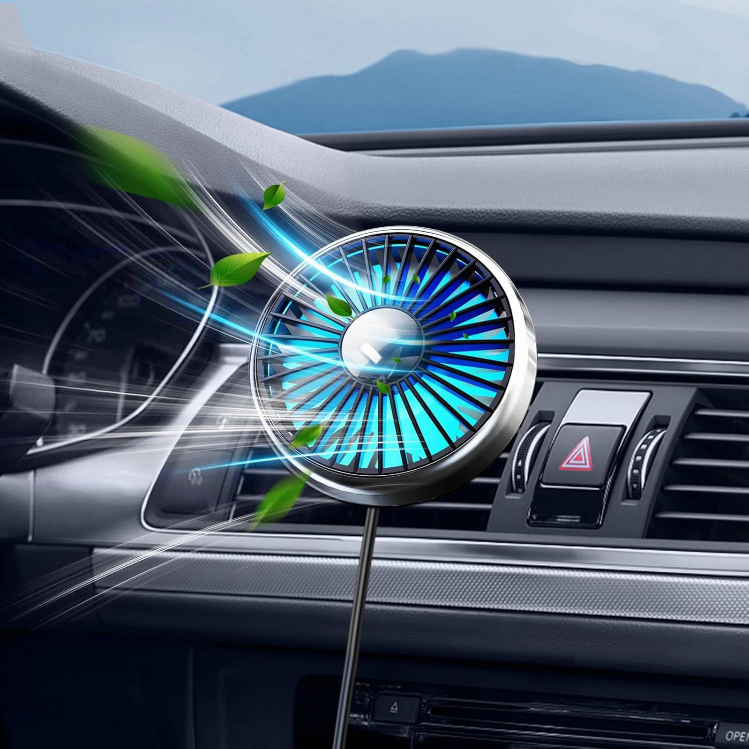 USB Car Vent Fan to Boost Cold Air in the Vehicle SUV Van RV Pickup Truck, Powerful 3 Speed Portable Car Cooling Clip Fan With Colorful Light Quiet Brushless Motor 360 Rotation Solar-powered car fan for ventilation