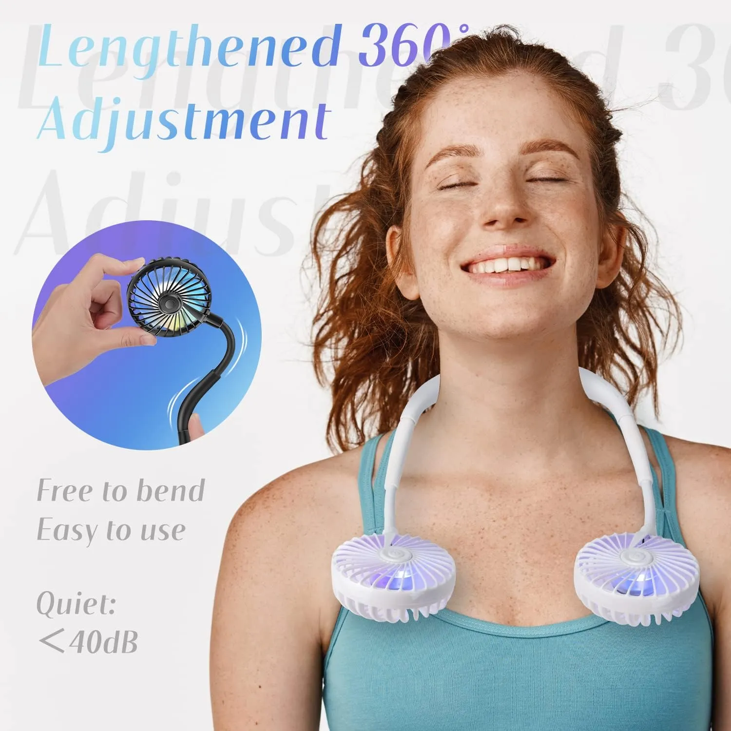 VAGAU Portable Cooling Neck Fan, Rechargeable USB Personal Neck Fan with Colorful LED lights, 360 Rotation, Wearable Neck Fan Air Conditioner for Office Travel Sport, 3 Adjustable SpeedsWhite