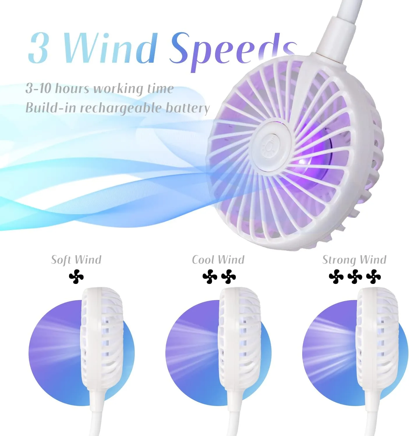VAGAU Portable Cooling Neck Fan, Rechargeable USB Personal Neck Fan with Colorful LED lights, 360 Rotation, Wearable Neck Fan Air Conditioner for Office Travel Sport, 3 Adjustable SpeedsWhite
