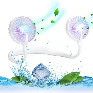 VAGAU Portable Cooling Neck Fan, Rechargeable USB Personal Neck Fan with Colorful LED lights, 360 Rotation, Wearable Neck Fan Air Conditioner for Office Travel Sport, 3 Adjustable SpeedsWhite Neck fan for hands-free comfort