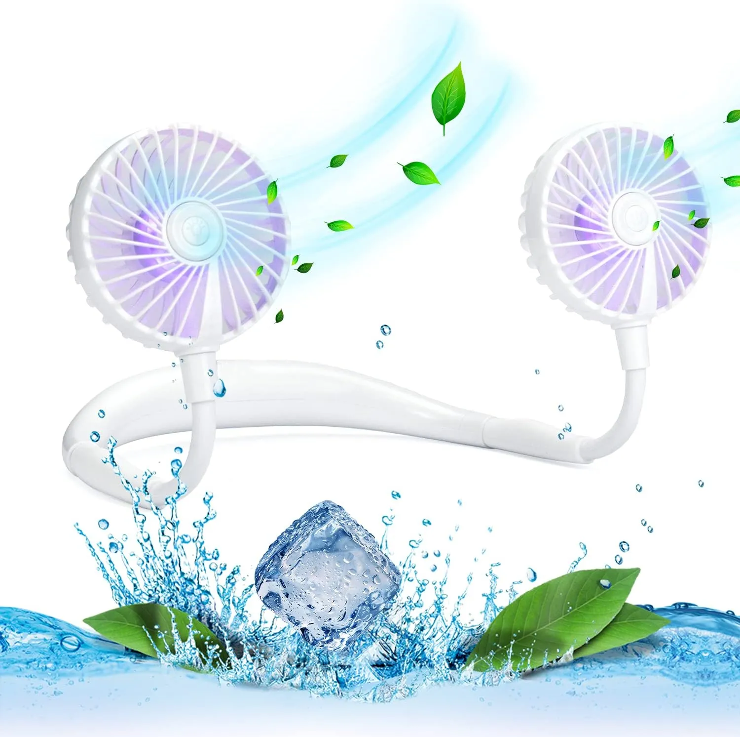 VAGAU Portable Cooling Neck Fan, Rechargeable USB Personal Neck Fan with Colorful LED lights, 360 Rotation, Wearable Neck Fan Air Conditioner for Office Travel Sport, 3 Adjustable SpeedsWhite Neck fan for hands-free comfort