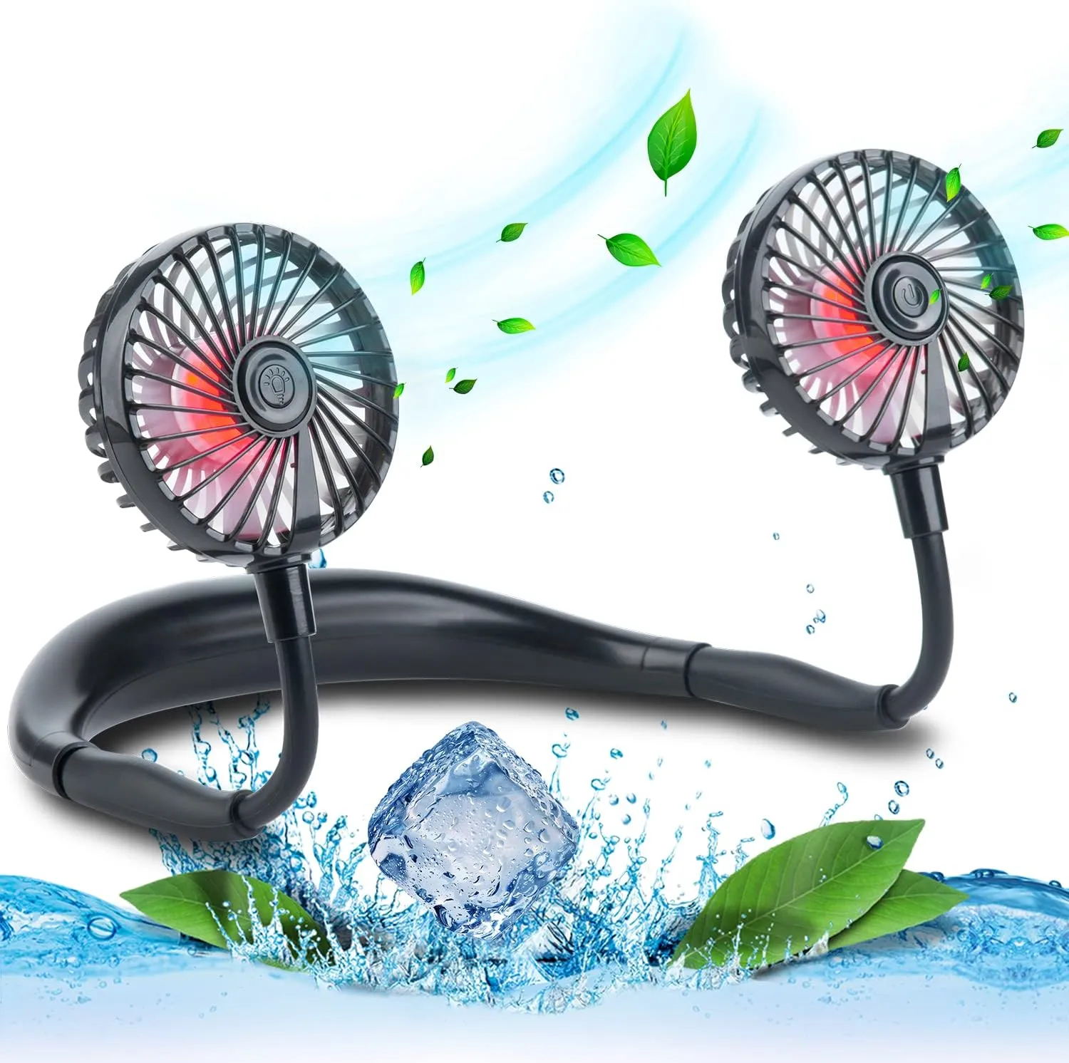 VAGAU Portable Cooling Neck Fan, Rechargeable USB Personal Neck Fans with Colorful LED lights, 360 Rotation, Wearable Neck Fan Air Conditioner for Office Travel Sport, 3 Adjustable SpeedsBlack Neck fan for hands-free comfort
