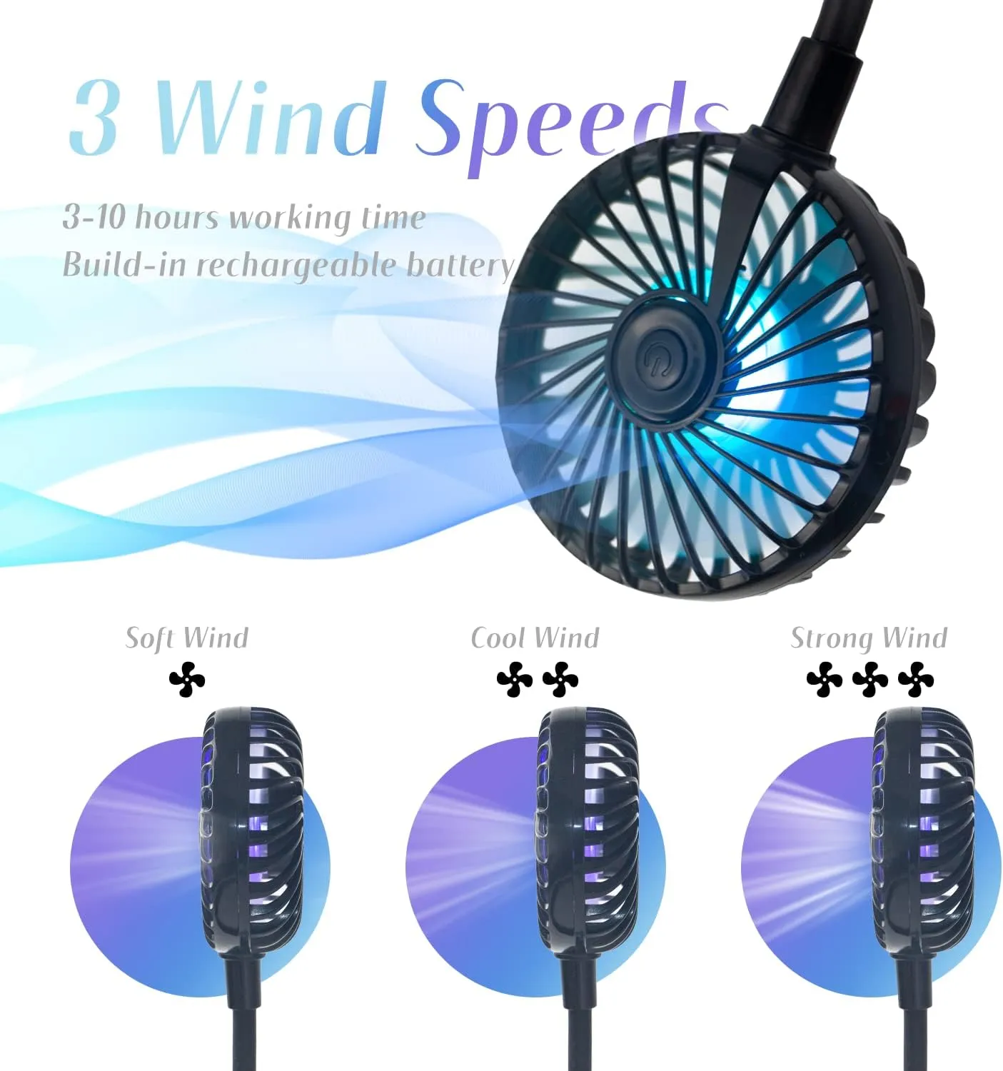 VAGAU Portable Cooling Neck Fan, Rechargeable USB Personal Neck Fans with Colorful LED lights, 360 Rotation, Wearable Neck Fan Air Conditioner for Office Travel Sport, 3 Adjustable SpeedsBlack