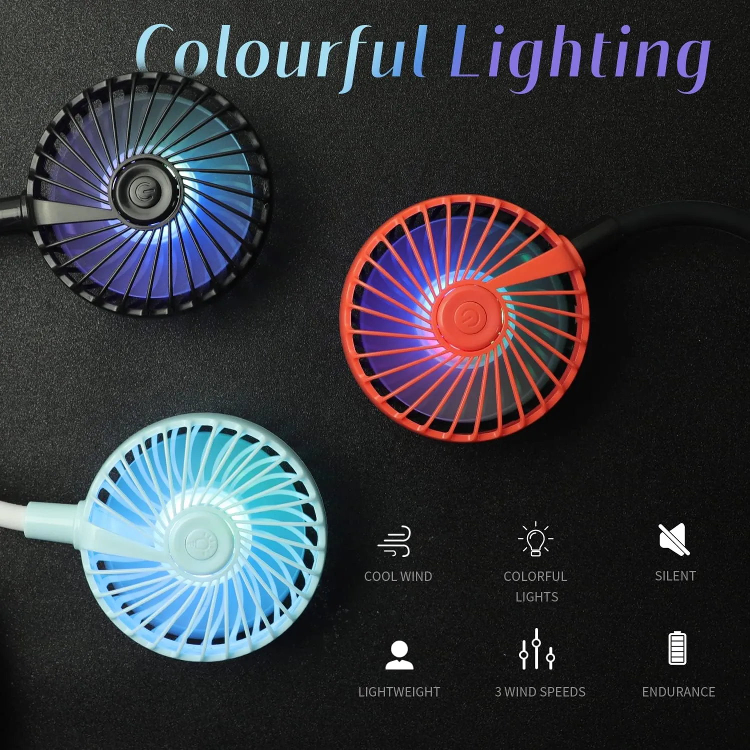 VAGAU Portable Cooling Neck Fan, Rechargeable USB Personal Neck Fans with Colorful LED lights, 360 Rotation, Wearable Neck Fan Air Conditioner for Office Travel Sport, 3 Adjustable SpeedsBlack