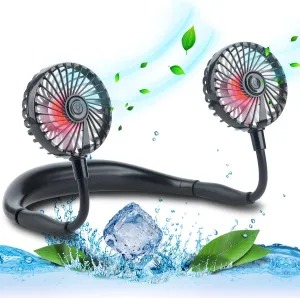 VAGAU Portable Cooling Neck Fan, Rechargeable USB Personal Neck Fans with Colorful LED lights, 360 Rotation, Wearable Neck Fan Air Conditioner for Office Travel Sport, 3 Adjustable SpeedsBlack Neck fan for hands-free comfort