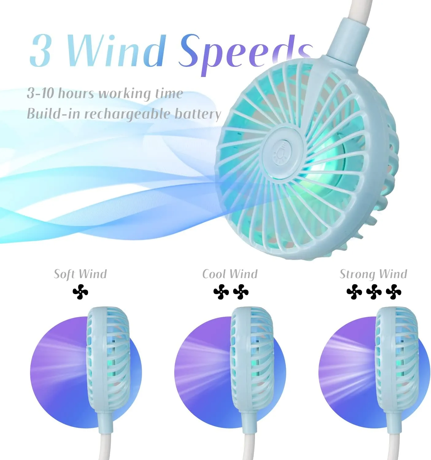 VAGAU Portable Cooling Neck Fan, Rechargeable USB With Colorful LED Lights, 360 Rotation, Wearable Air Conditioner for Office Travel Sport, 3 Adjustable Speeds (Blue)