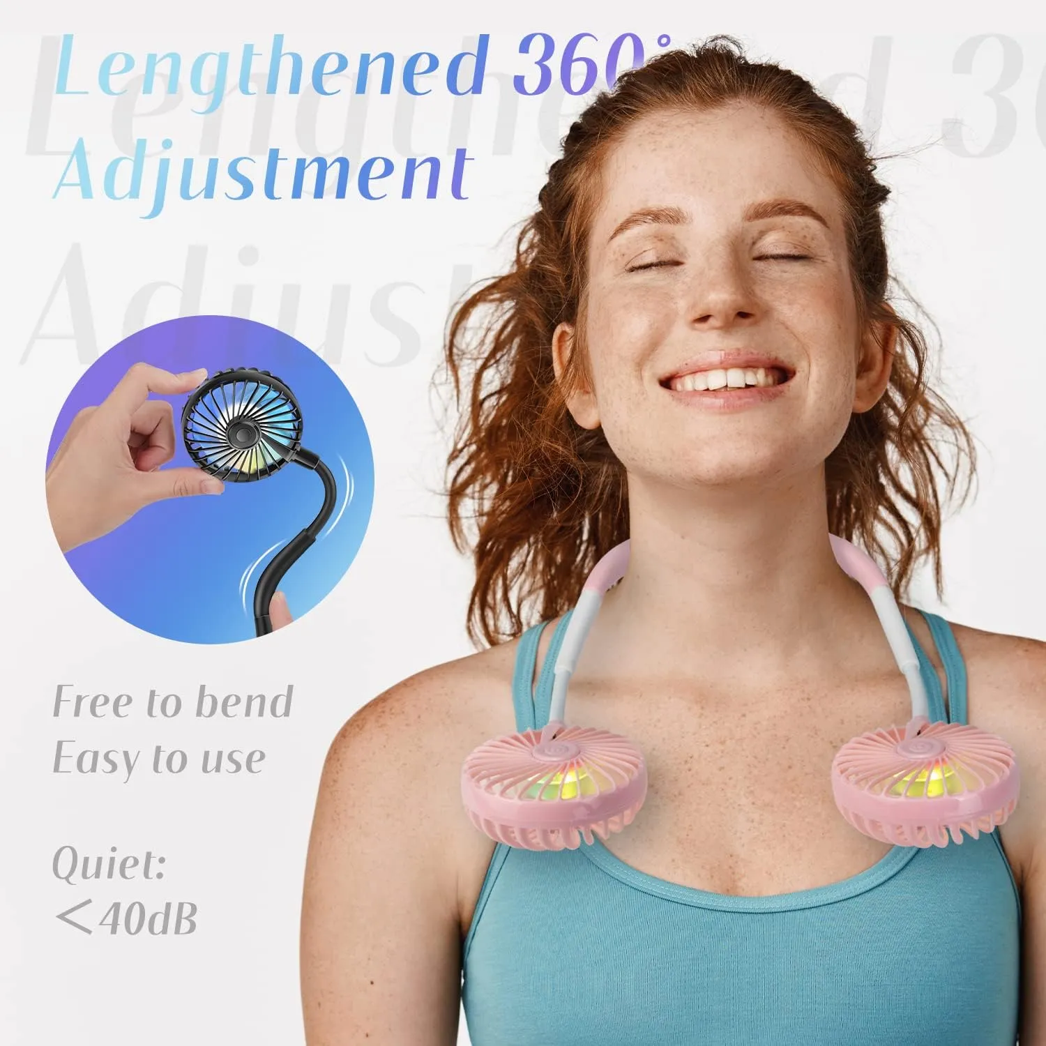 VAGAU Portable Neck Fan with Colorful LED Lights, 360 Rotation, Wearable Air Conditioner for Office Travel Sport, 3 Adjustable Speeds (Pink)