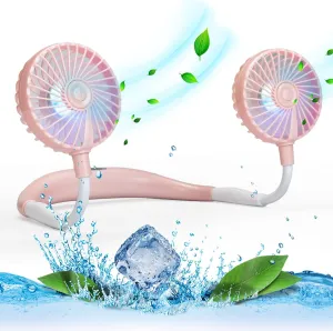 VAGAU Portable Neck Fan with Colorful LED Lights, 360 Rotation, Wearable Air Conditioner for Office Travel Sport, 3 Adjustable Speeds (Pink) Neck fan for hands-free comfort