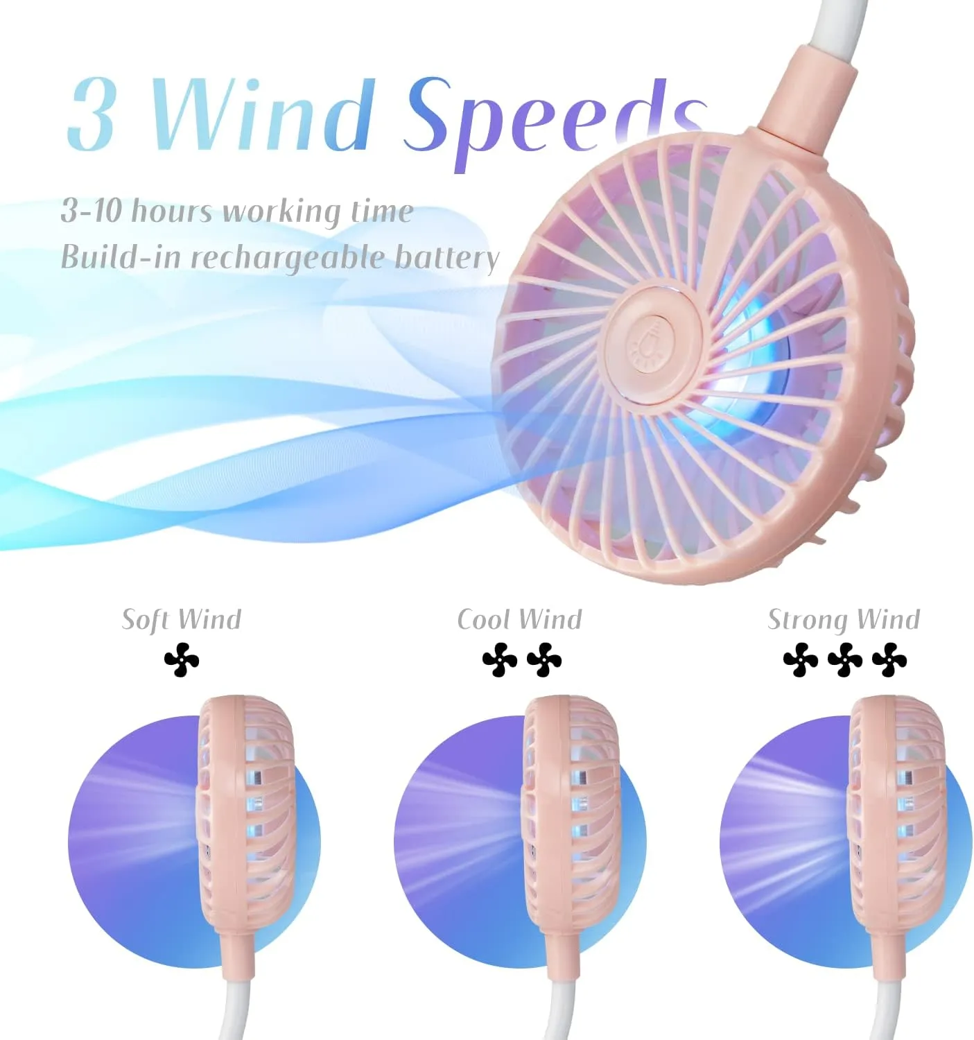 VAGAU Portable Neck Fan with Colorful LED Lights, 360 Rotation, Wearable Air Conditioner for Office Travel Sport, 3 Adjustable Speeds (Pink)