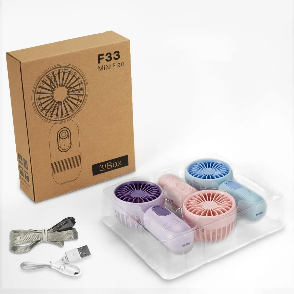 VanSmaGo 3 PCS Portable Handheld Mini Fans, USB Rechargeable Personal Fan for Travel, 3 Speeds Rechargeable Battery Operated Eyelash Fan, Blue,Pink,Purple