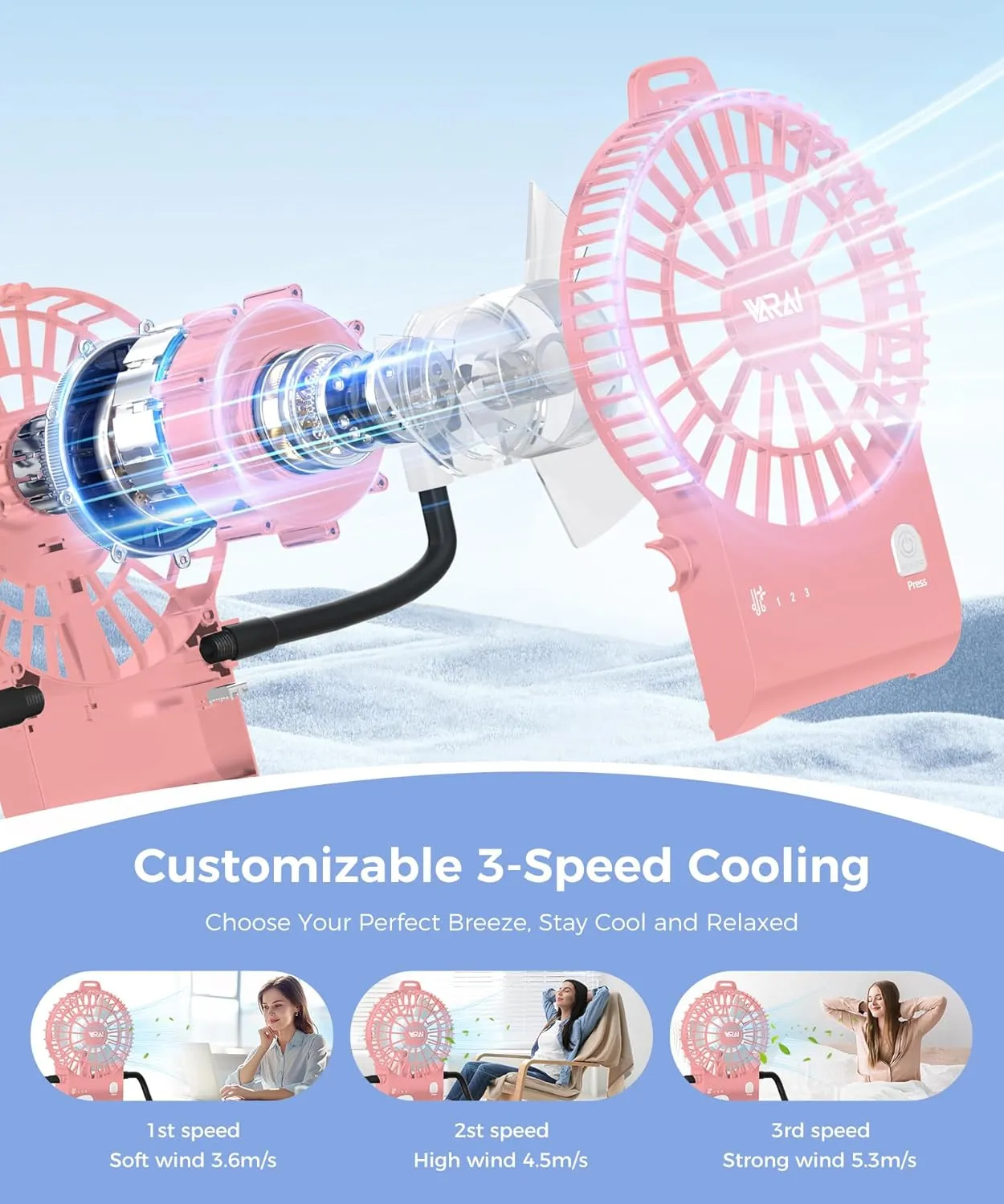 VARAl Freestyle Small Robot Fan, Fun Desk Fan with Suckers, Rechargeable Portable Fan and Phone Stand 2 in 1 for Offce, Travel and Cars
