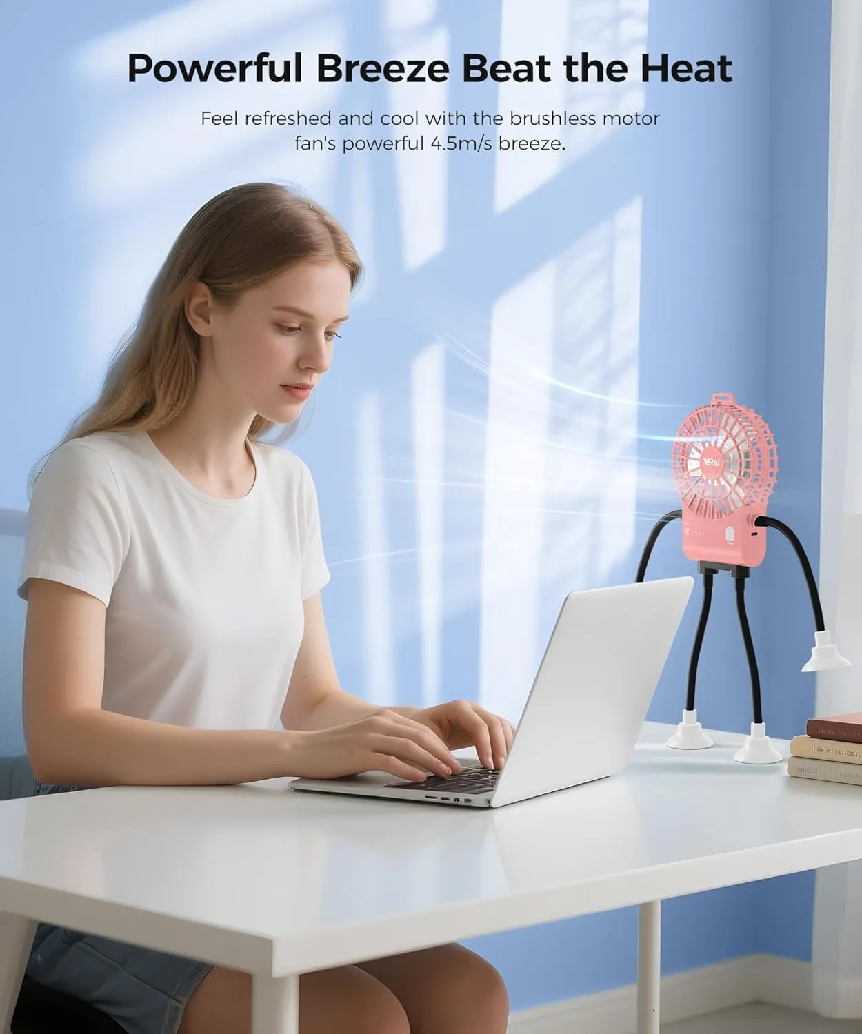 VARAl Freestyle Small Robot Fan, Fun Desk Fan with Suckers, Rechargeable Portable Fan and Phone Stand 2 in 1 for Offce, Travel and Cars