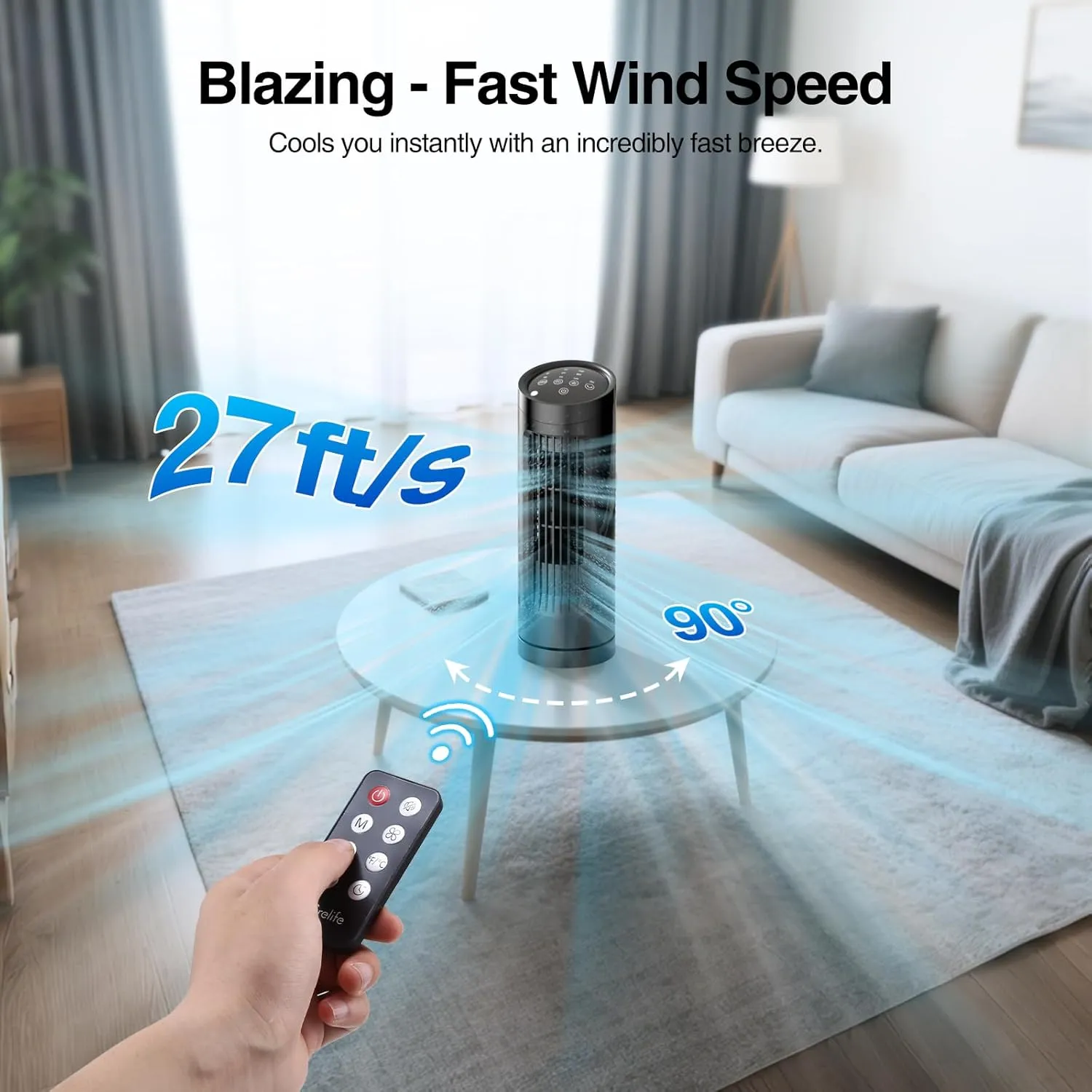 VCK 13'' Tower Fan for Bedroom,27ft/s Velocity Quiet Floor Fan,90 Bladeless Fan for Indoors with 3 Speeds,3 Modes,Oscillating Fans for Indoors,Portable Desk Table Fans for Room, Home,Office