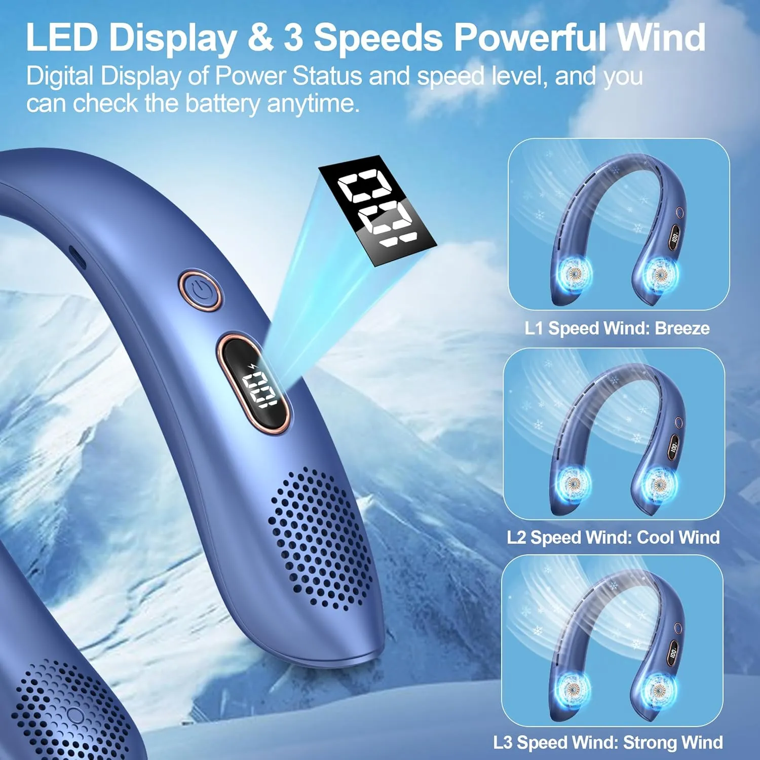 VEKK Neck Fan, Portable Bladeless Fan, 6000mAh Battery USB Rechargeable, LED Display, 360 Cooling Wearable Personal Fan, 3 Speeds, Quiet, Hands Free Neck Fans for Travel, Outdoor, Camping