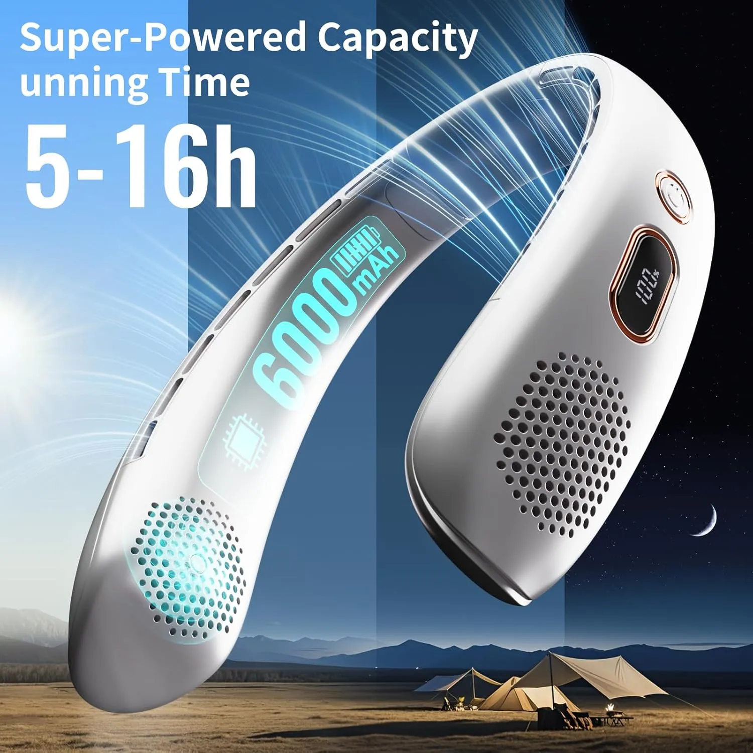 VEKK Neck Fan, Portable Bladeless Fan, 6000mAh Battery USB Rechargeable, LED Display, 360 Cooling Wearable Personal Fan, 3 Speeds, Quiet, Hands Free Neck Fans for Travel, Outdoor, Camping