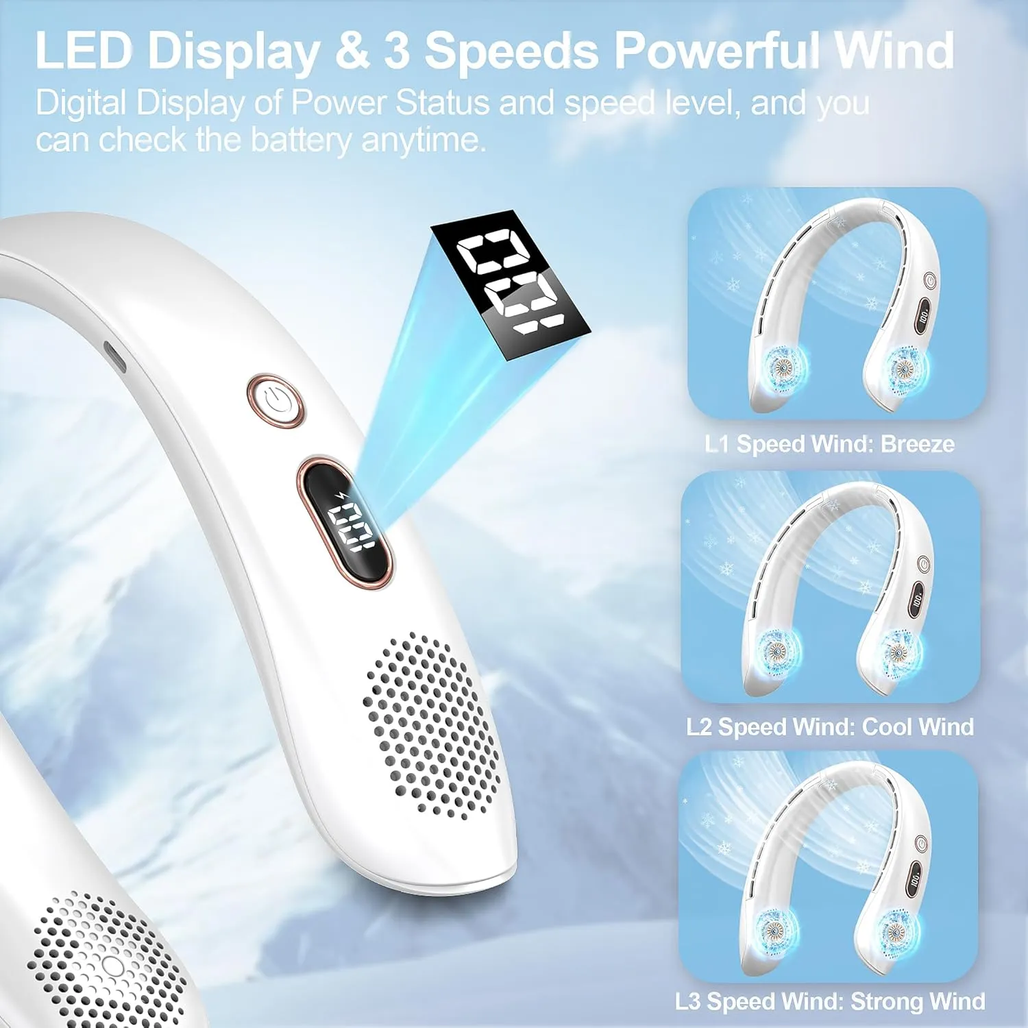 VEKK Neck Fan, Portable Bladeless Fan, 6000mAh Battery USB Rechargeable, LED Display, 360 Cooling Wearable Personal Fan, 3 Speeds, Quiet, Hands Free Neck Fans for Travel, Outdoor, Camping