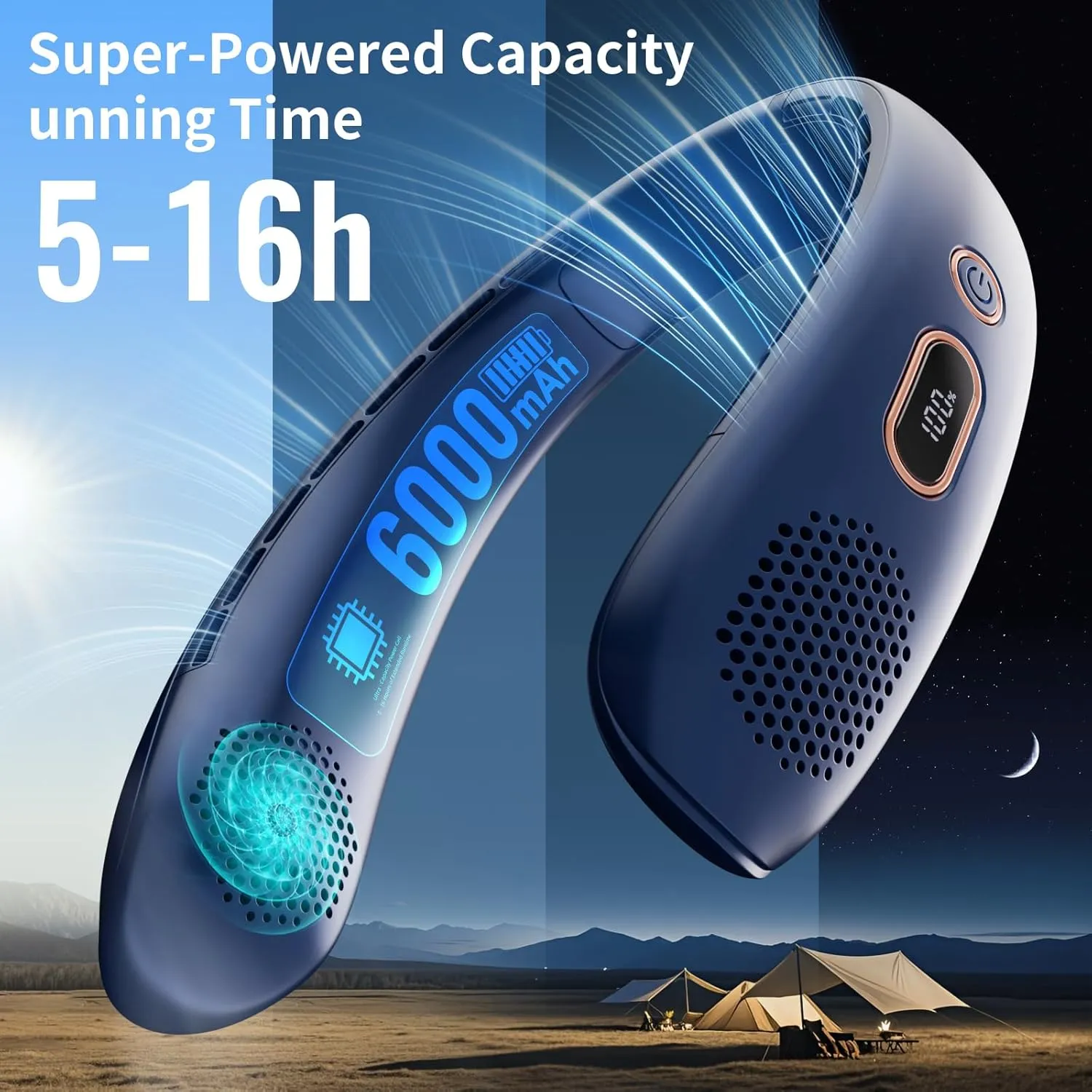 VEKK Neck Fan, Portable Bladeless Fan, 6000mAh Battery USB Rechargeable, LED Display, 360 Cooling Wearable Personal Fan, 3 Speeds, Quiet, Hands Free Neck Fans for Travel, Outdoor, Camping