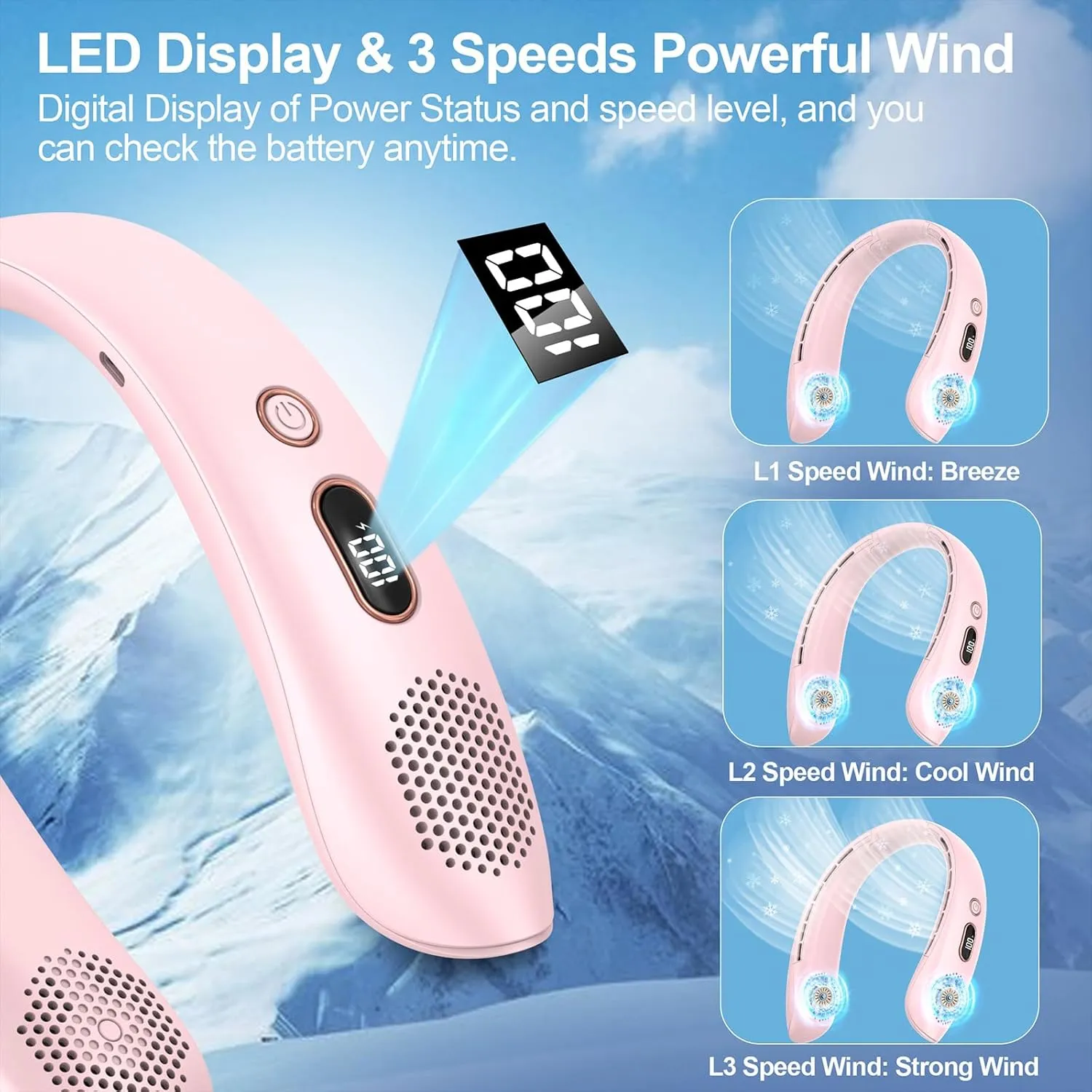 VEKK Neck Fan, Portable Bladeless Fan, 6000mAh Battery USB Rechargeable, LED Display, 360 Cooling Wearable Personal Fan, 3 Speeds, Quiet, Hands Free Neck Fans for Travel