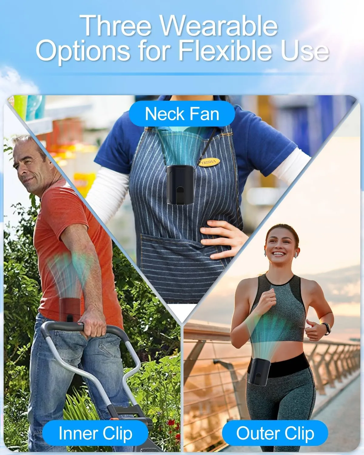 VEKK Portable Fan with Dual Clip, Personal Waist Fan up to 25H, 4 Speeds 7100RPM Clip Shirt fan with Gale-Force Airflow, Wearable Belt Fan Neck Fan for Sport, Outdoor, Jobsite, Traveling, Blue