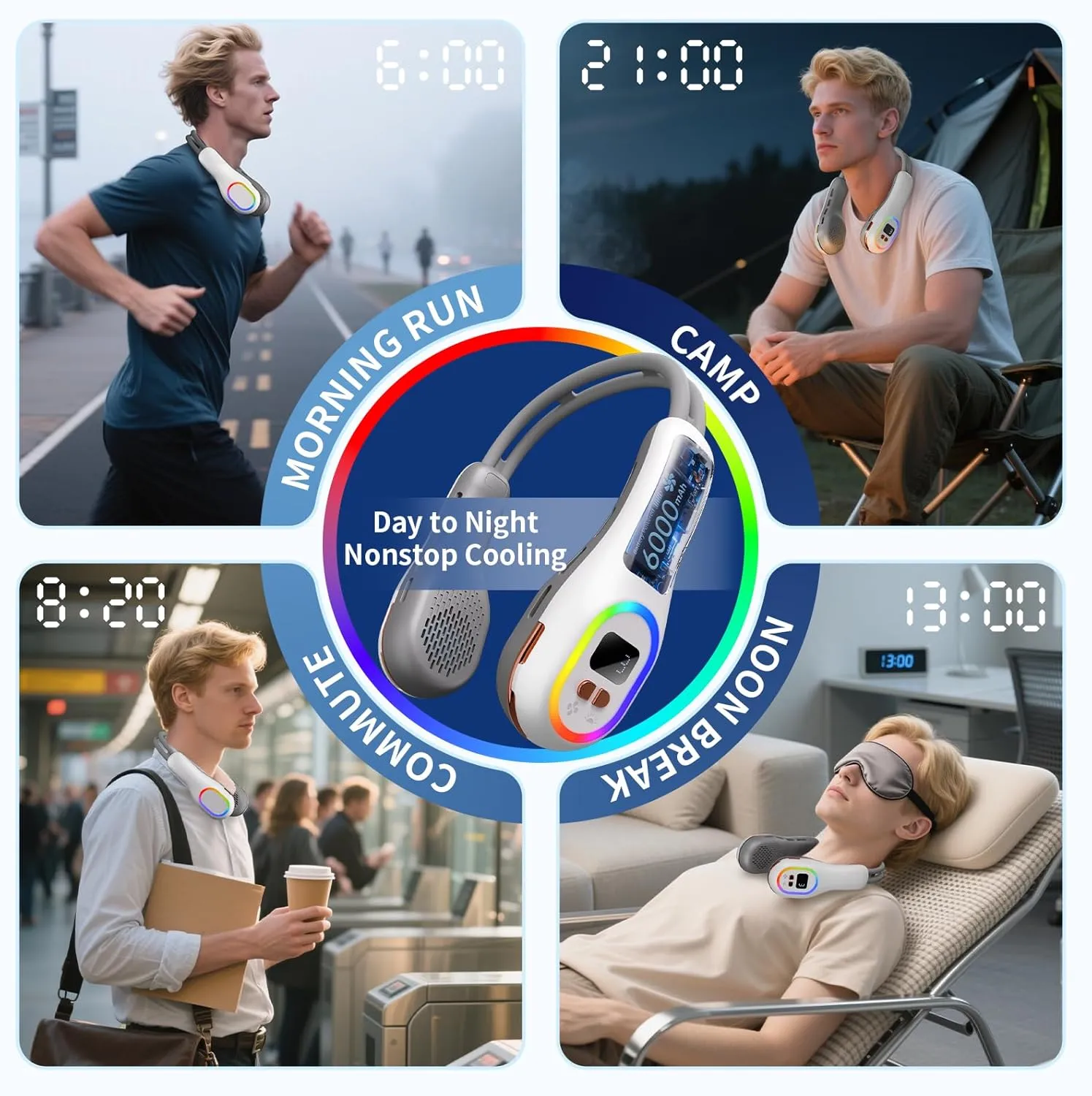 VEKK Portable Neck Fan 360 Wind Direction Adjustment Bladeless Neck Fan, 6000 mAh Battery Operated Wearable Personal Fan, Flexible Cooling Fan for Outdoor & Indoor Activities and Travel