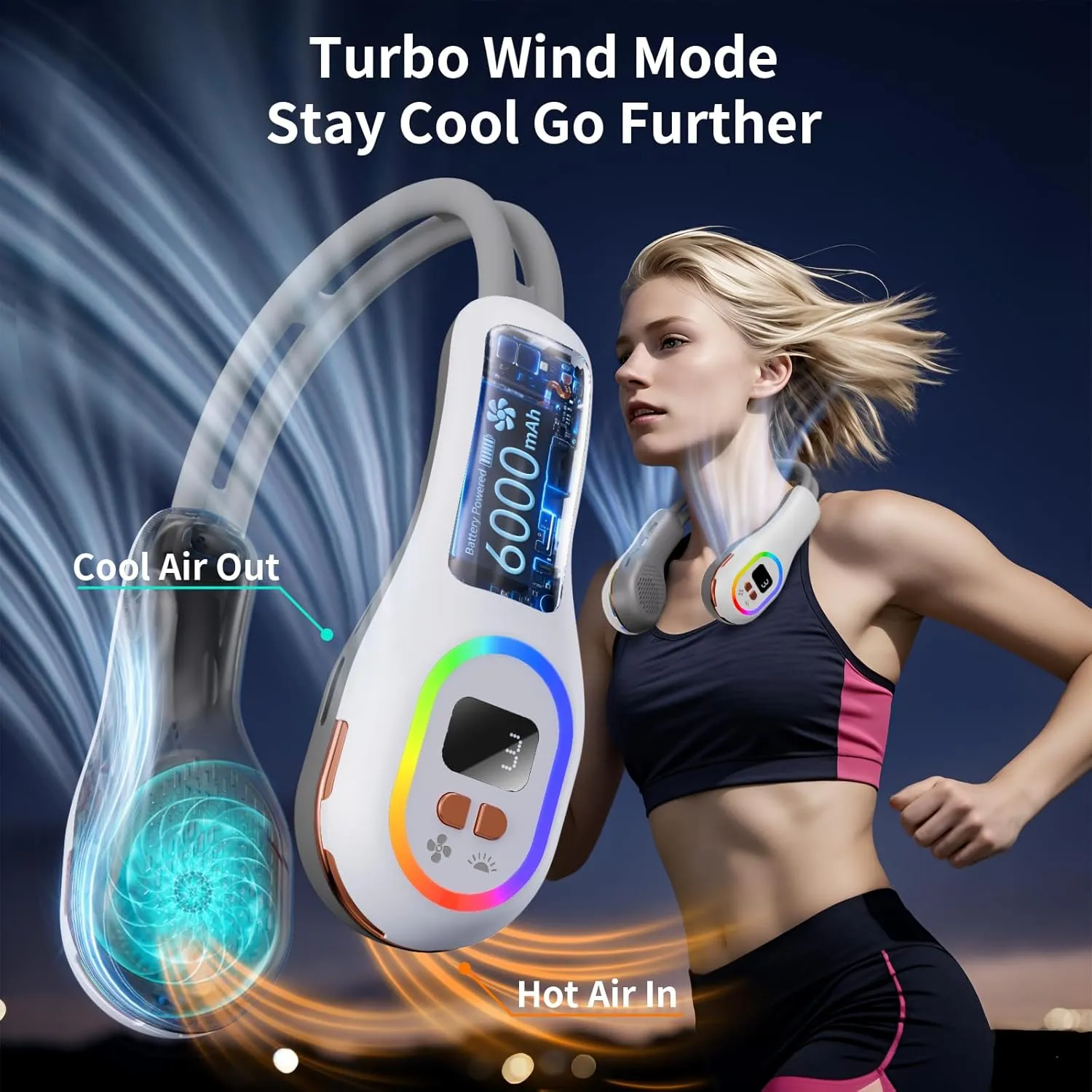 VEKK Portable Neck Fan 360 Wind Direction Adjustment Bladeless Neck Fan, 6000 mAh Battery Operated Wearable Personal Fan, Flexible Cooling Fan for Outdoor & Indoor Activities and Travel