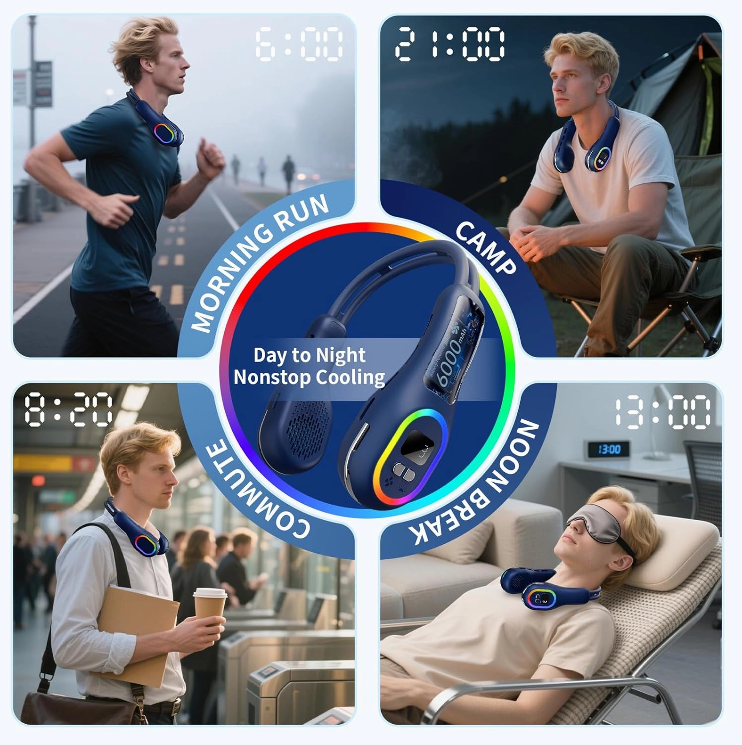 VEKK Portable Neck Fan 360 Wind Direction Adjustment Bladeless Neck Fan, 6000 mAh Battery Operated Wearable Personal Fan, Flexible Cooling Fan for Outdoor & Indoor Activities and Travel