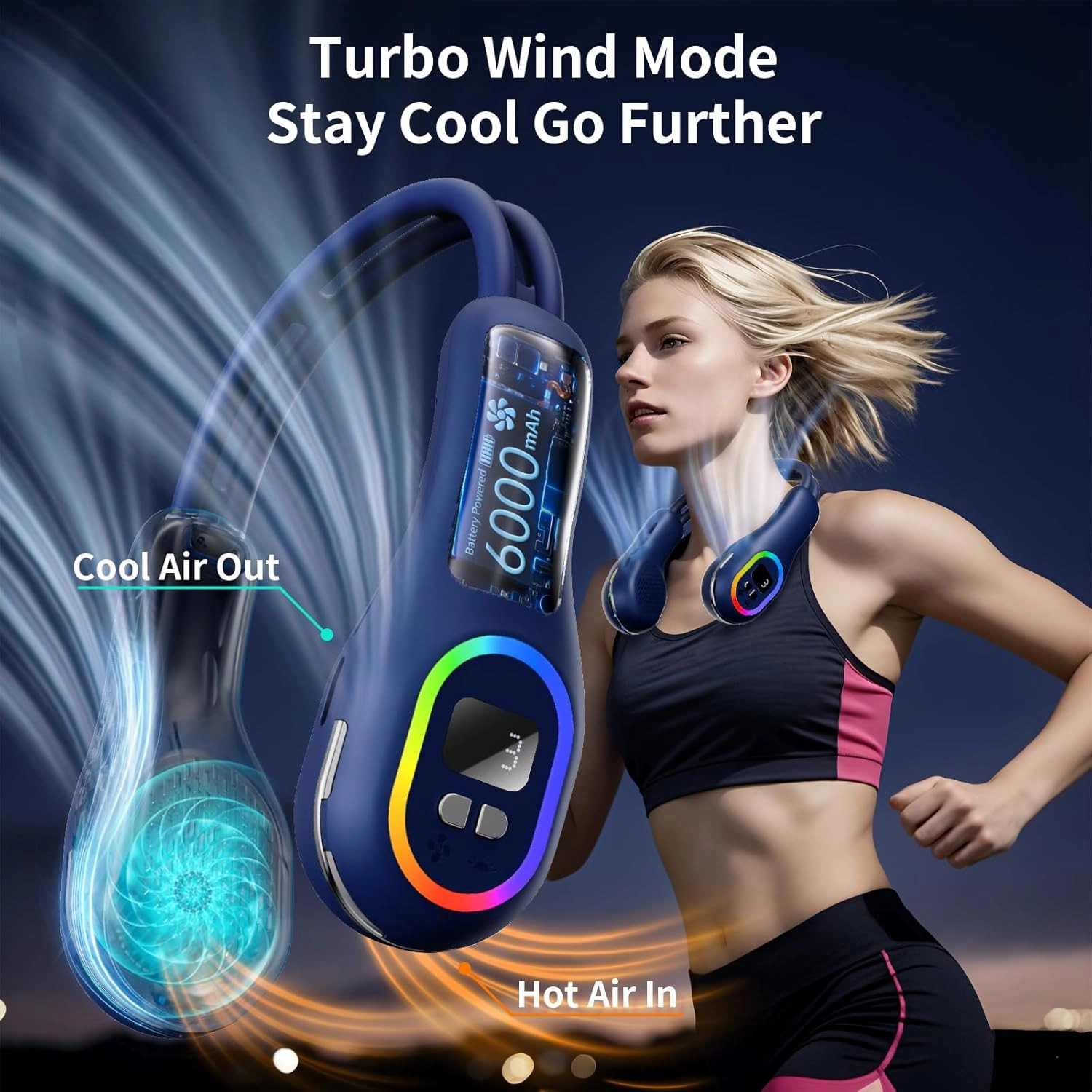 VEKK Portable Neck Fan 360 Wind Direction Adjustment Bladeless Neck Fan, 6000 mAh Battery Operated Wearable Personal Fan, Flexible Cooling Fan for Outdoor & Indoor Activities and Travel