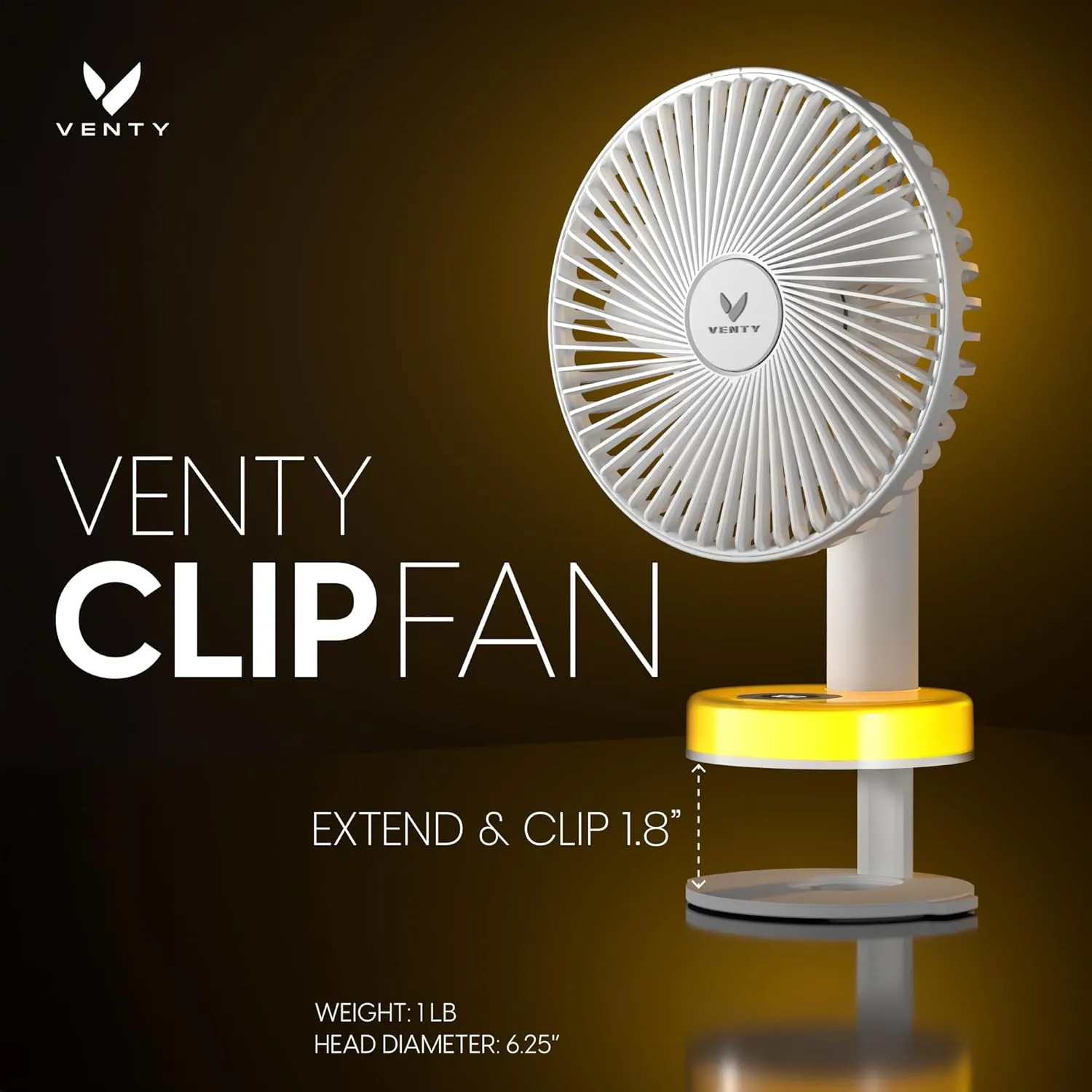 VENTY Portable Clip Fan - Rechargeable 10-Hour Battery Portable Fan - 360 Rotation & 90 Tilt - Stroller Fan, Desk Fan or Bedside Fan - Aromatherapy & LED Light - USB-C Rechargeable Clip On Fan