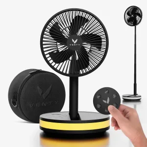 VENTY Portable Fan - Wireless Battery Operated Fan - 4 Speeds - LED Lighting - Carry Case & Remote Control - Cruise Travel - Outdoor Travel RV Power Bank With USB-C Port (Black with Case) Battery-powered portable fan
