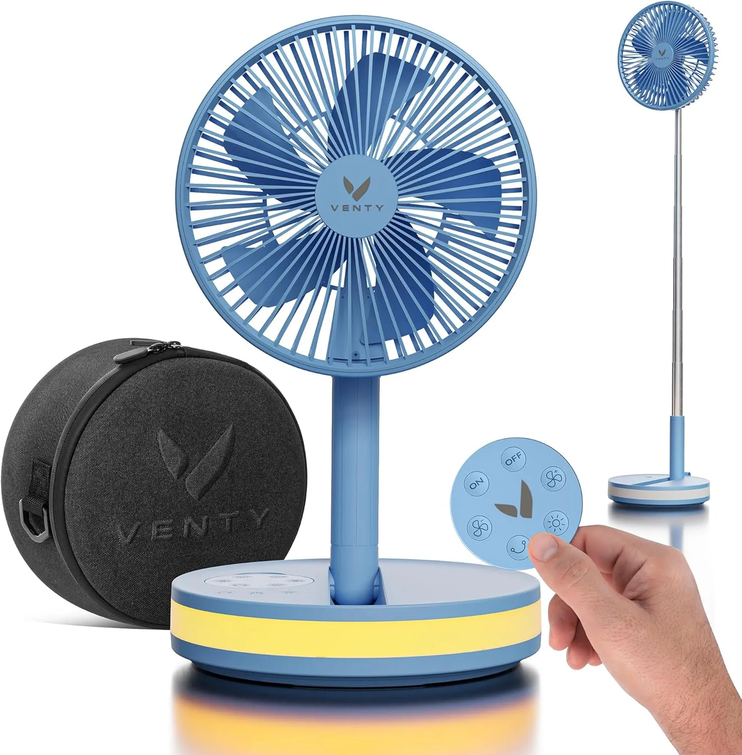 VENTY Portable Fan - Wireless Battery Operated Fan - 4 Speeds - LED Lighting - Carry Case & Remote Control - Cruise Travel - Outdoor Travel RV Power Bank With USB-C Port (Blue with Case) Battery-powered portable fan
