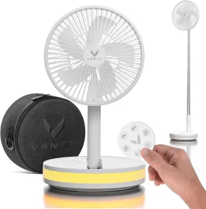 VENTY Portable Fan - Wireless Battery Operated Fan - 4 Speeds - LED Lighting - Carry Case & Remote Control - Cruise Travel - Outdoor Travel RV Power Bank With USB-C Port (White with Case) Battery-powered portable fan