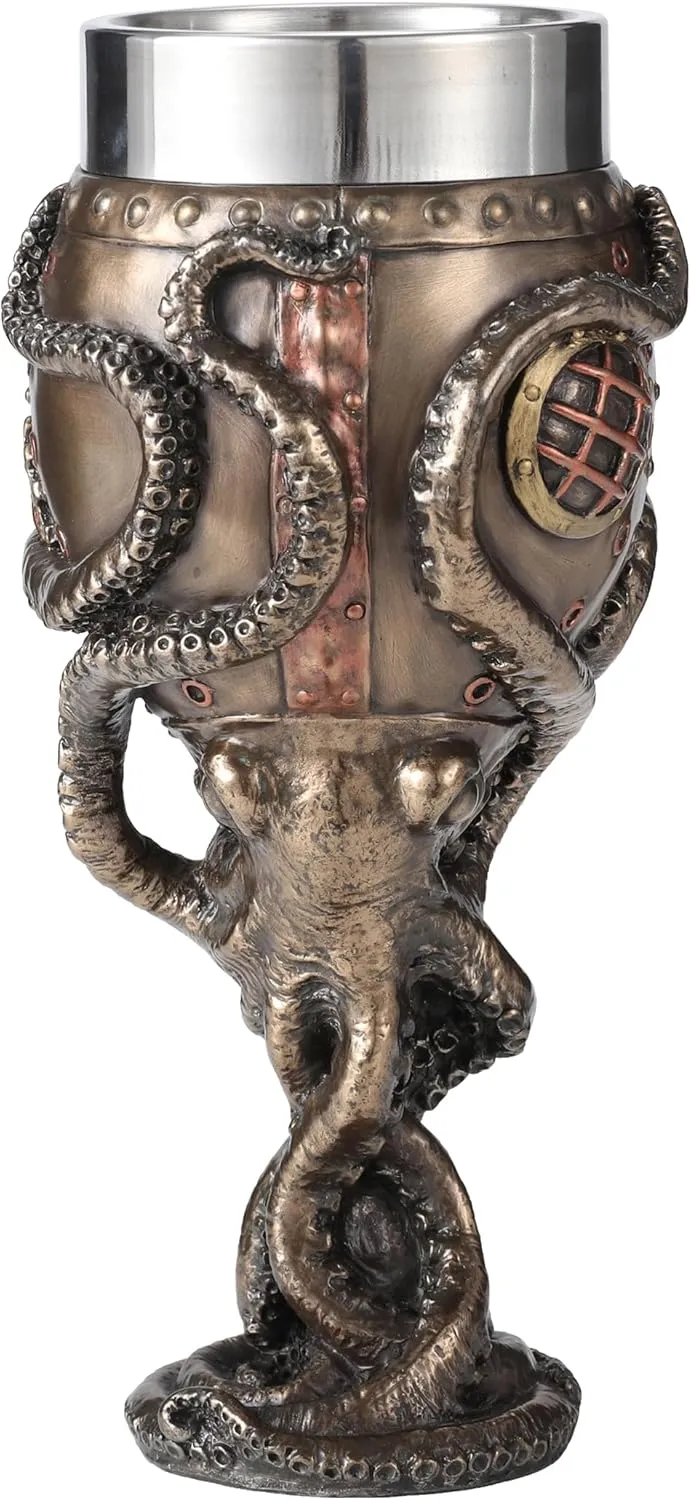 Veronese Design 7 1/2 Inch Steampunk Octopus Diving Bell Goblet Cold Cast Resin Bronze Finish Stainless Steel Cup (7 fl oz) Octopus-shaped decorative fan