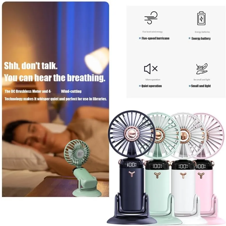 Versatile 4-in-1 Portable Handheld Fan, 360 Rotating Folding Handheld Fan, 5 Speed Adjustable, 2400mAh Rechargeable Mini Fans with Base, for Handheld, Neck, Desktop, Wall Mounted (Blue)