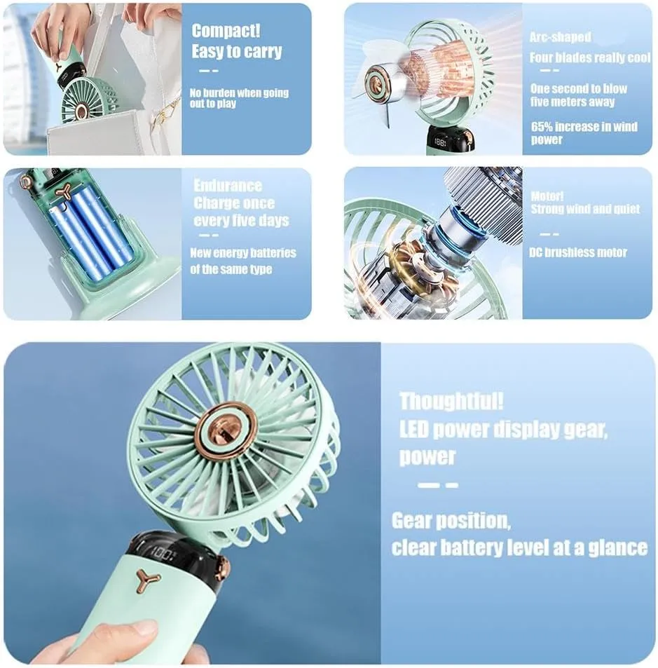 Versatile 4-in-1 Portable Handheld Fan, 360 Rotating Folding Handheld Fan, 5 Speed Adjustable, 2400mAh Rechargeable Mini Fans with Base, for Handheld, Neck, Desktop, Wall Mounted (Blue)